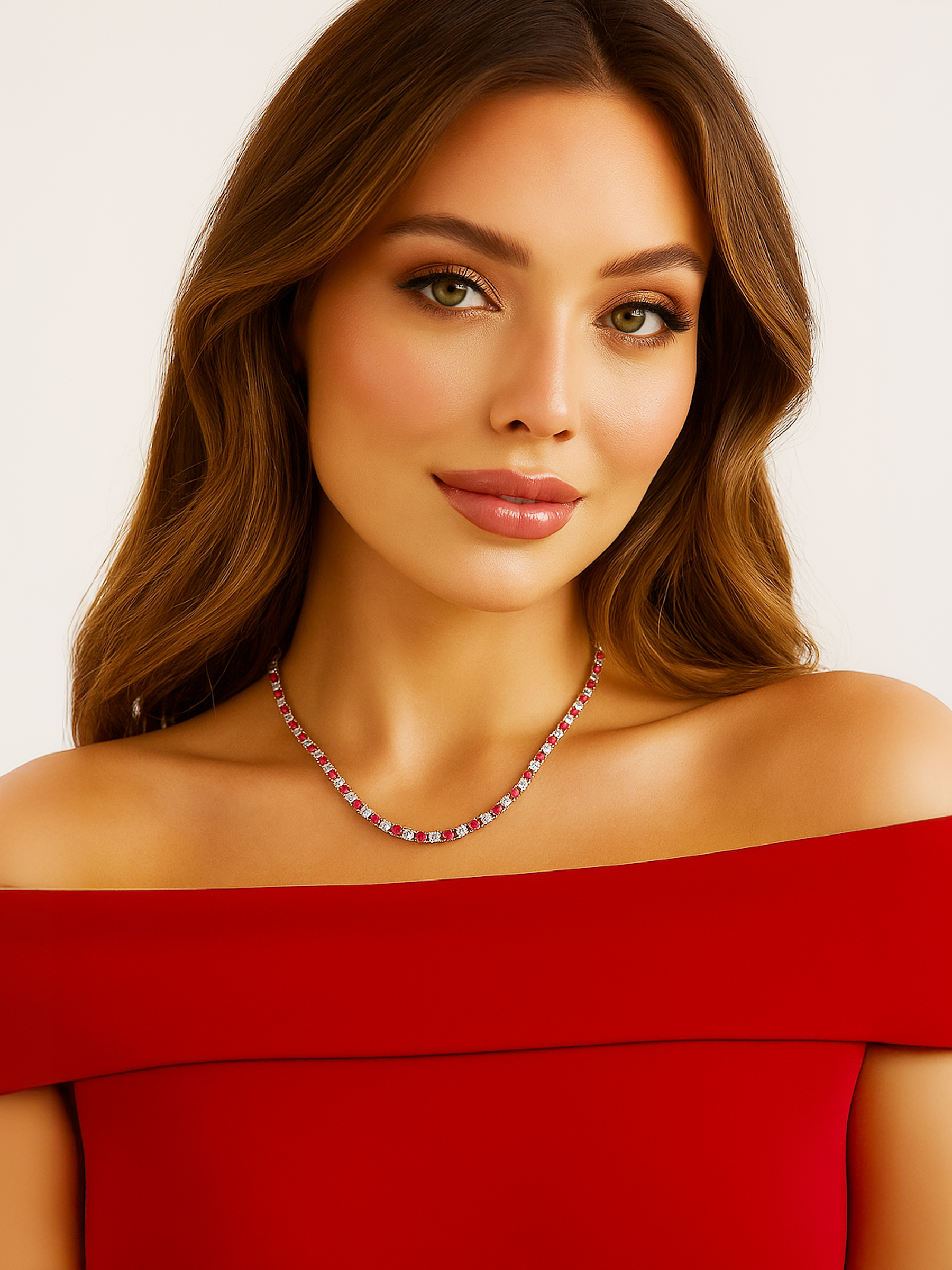 Woman wearing a red dress with red and white tennis necklace