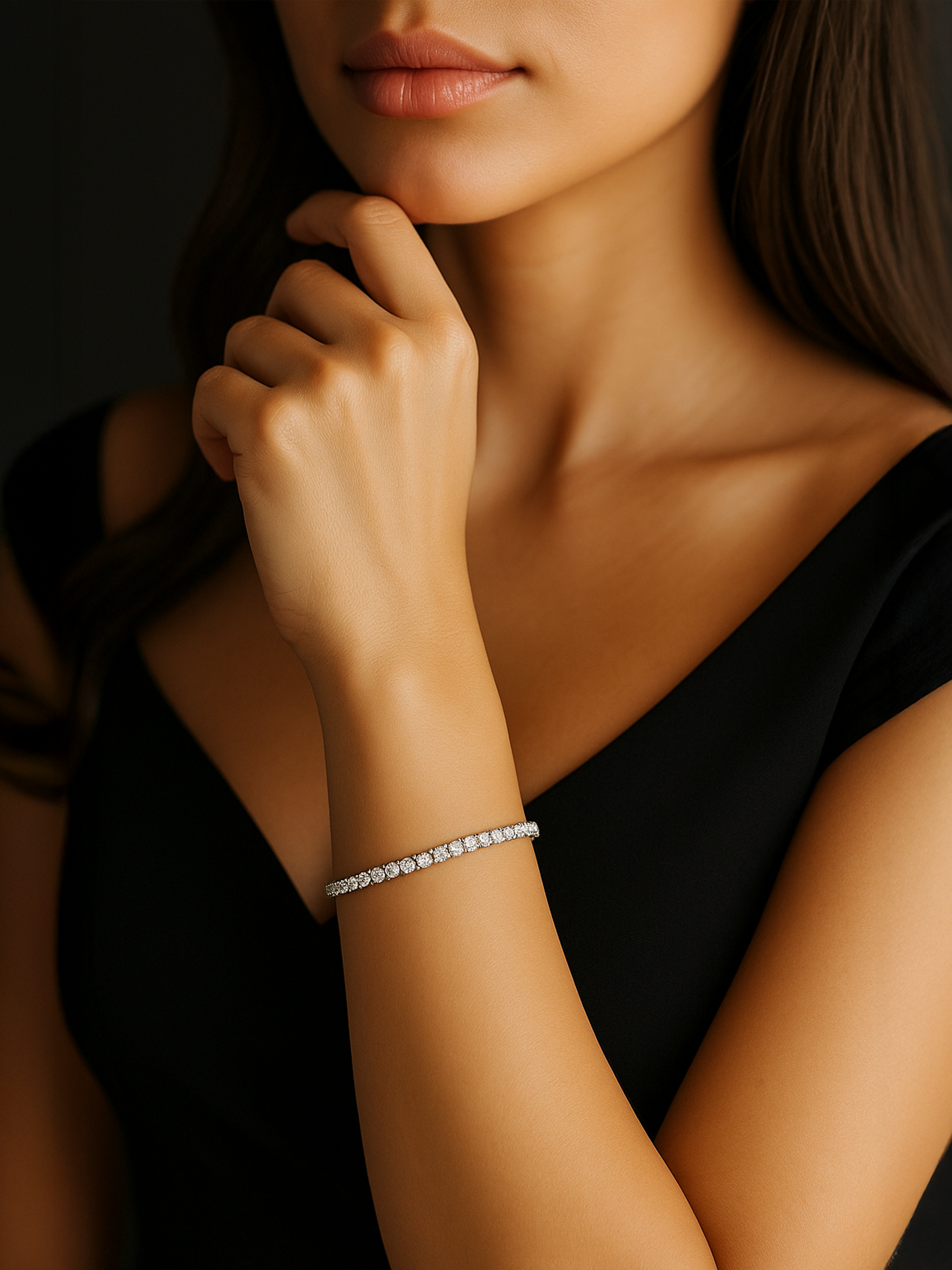 Woman wearing a Sparkling Tennis Bracelet 18K White Gold Plated