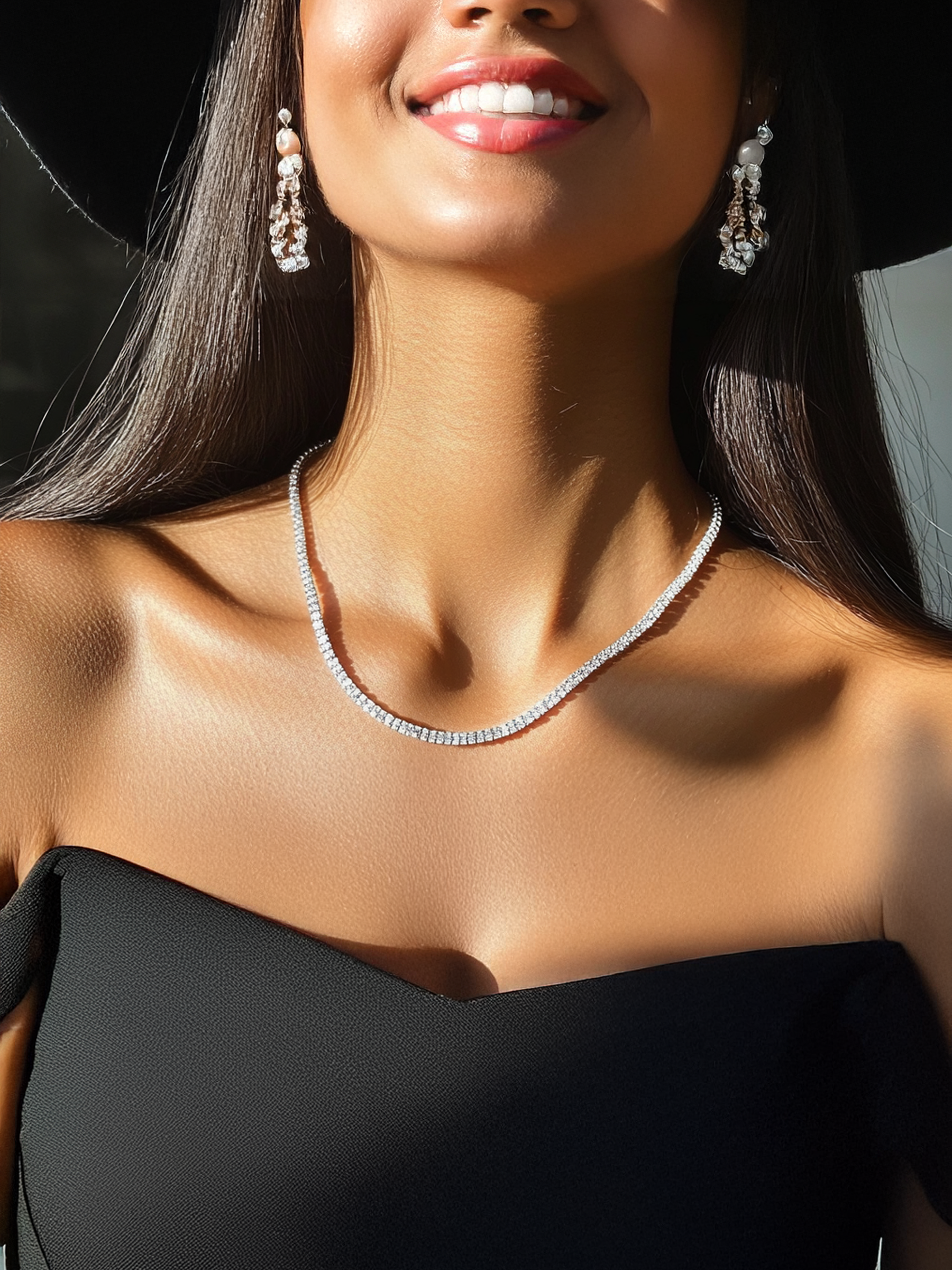 Tennis Necklace Baguette Cut Rhodium Plated