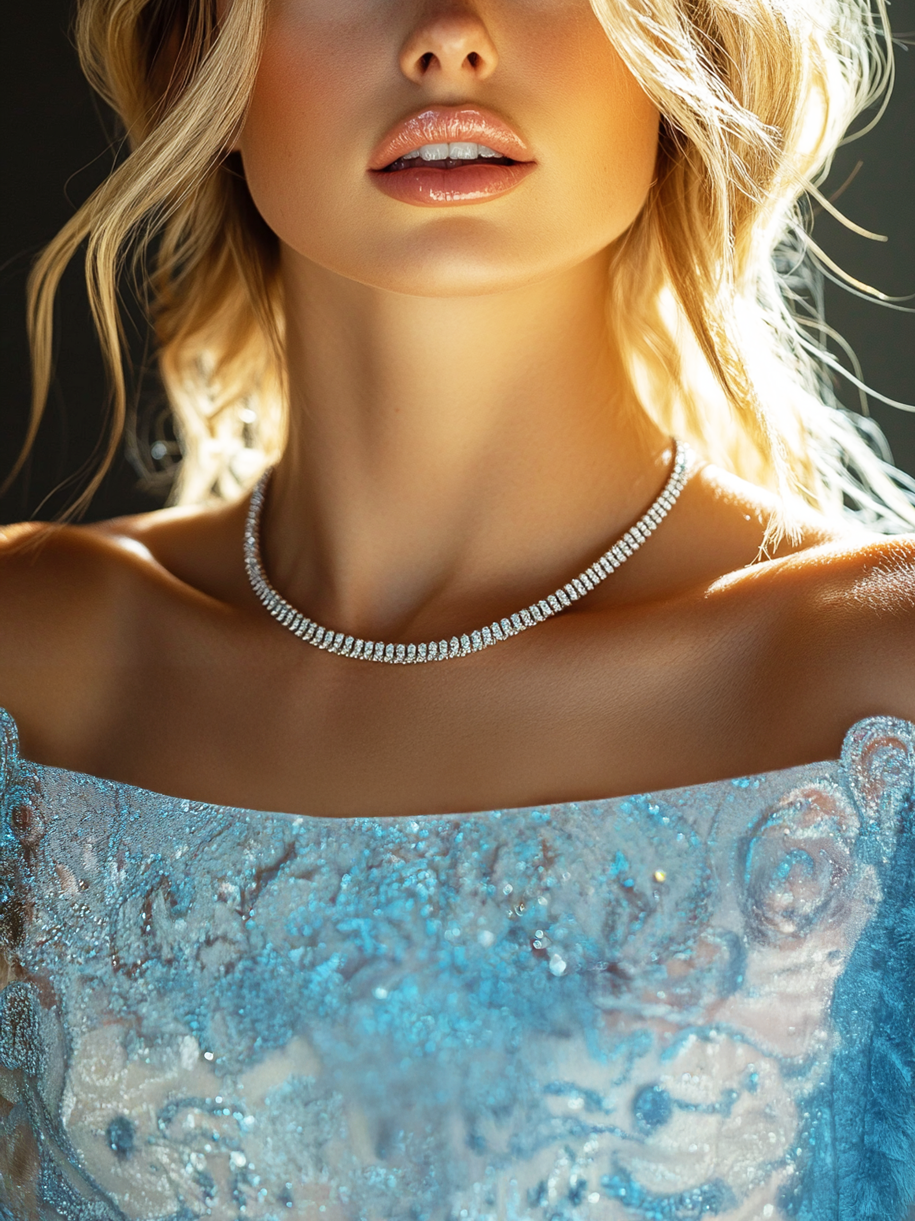 Tennis Necklace Baguette Cut Rhodium Plated