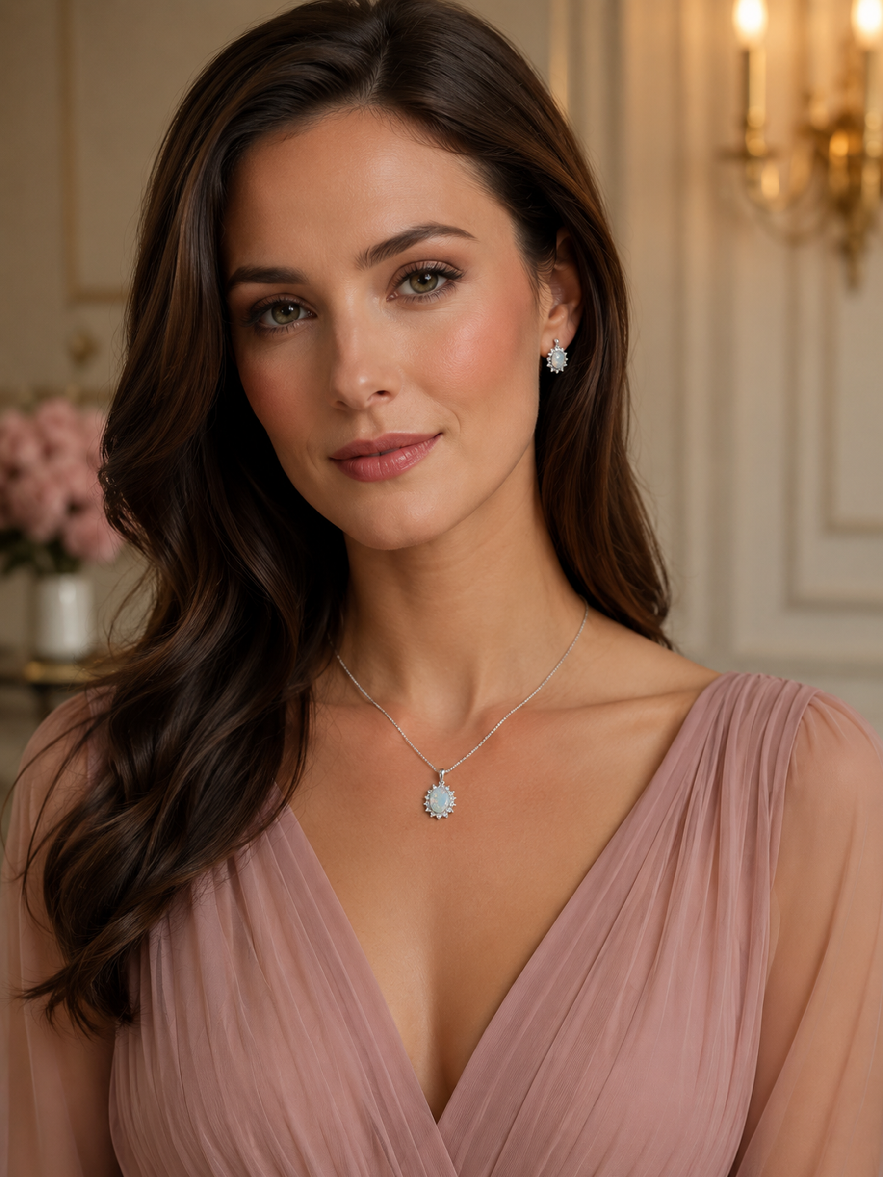 Woman wearing a 2Ct White Opal Oval Pendant Necklace