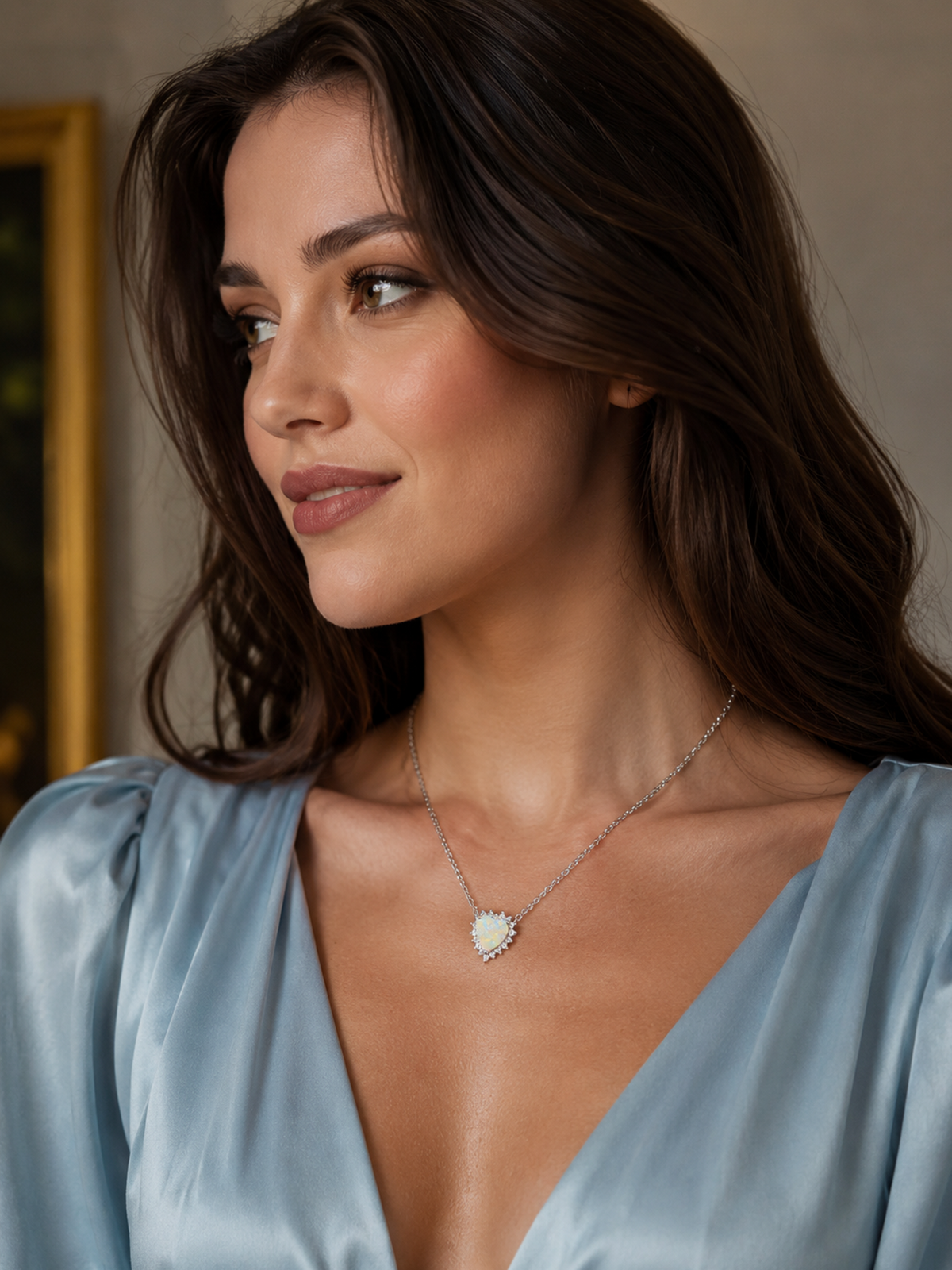 1CT White Opal Heart Pendant Necklace