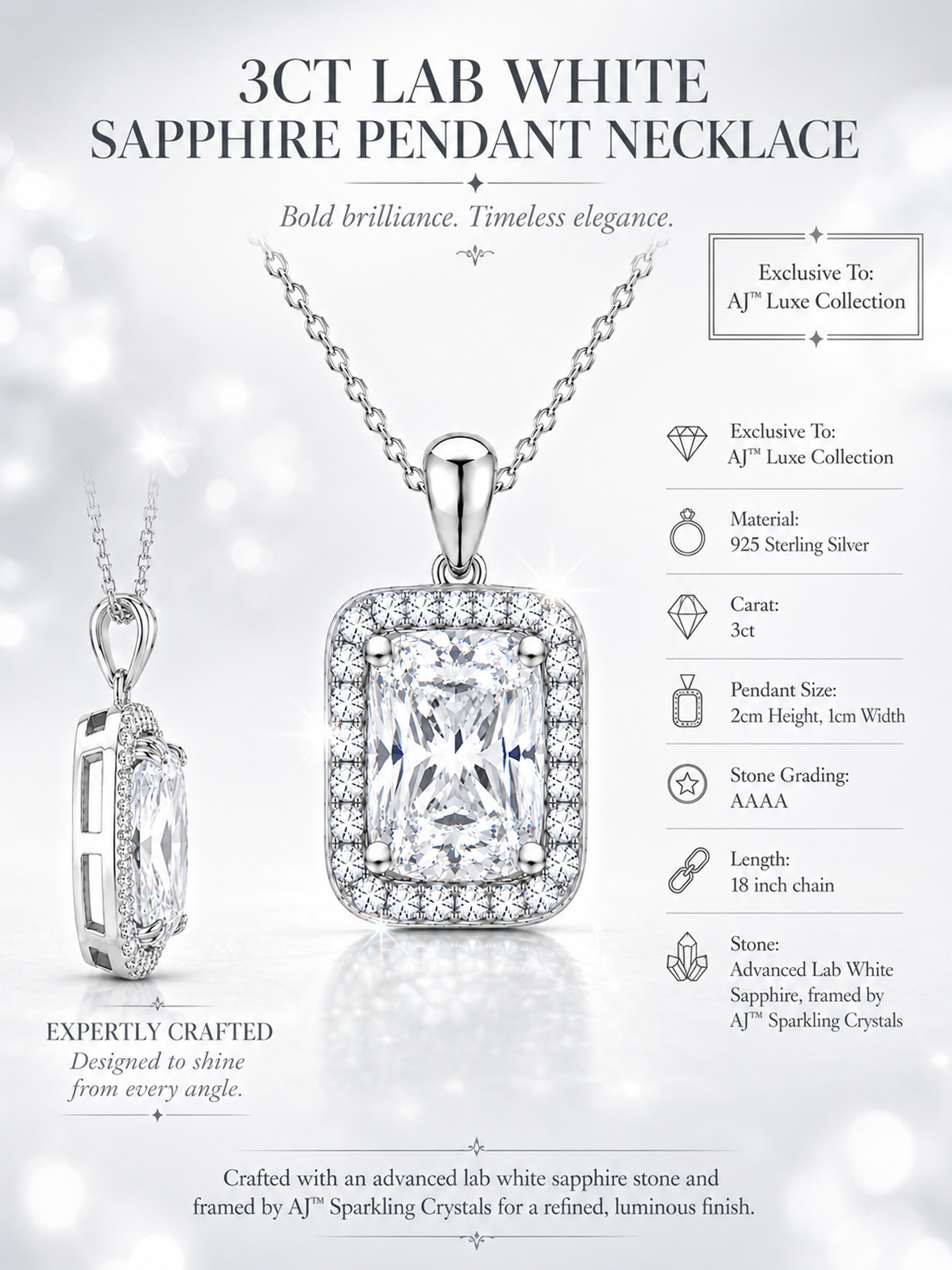 3Ct Lab White Sapphire Pendant Necklace