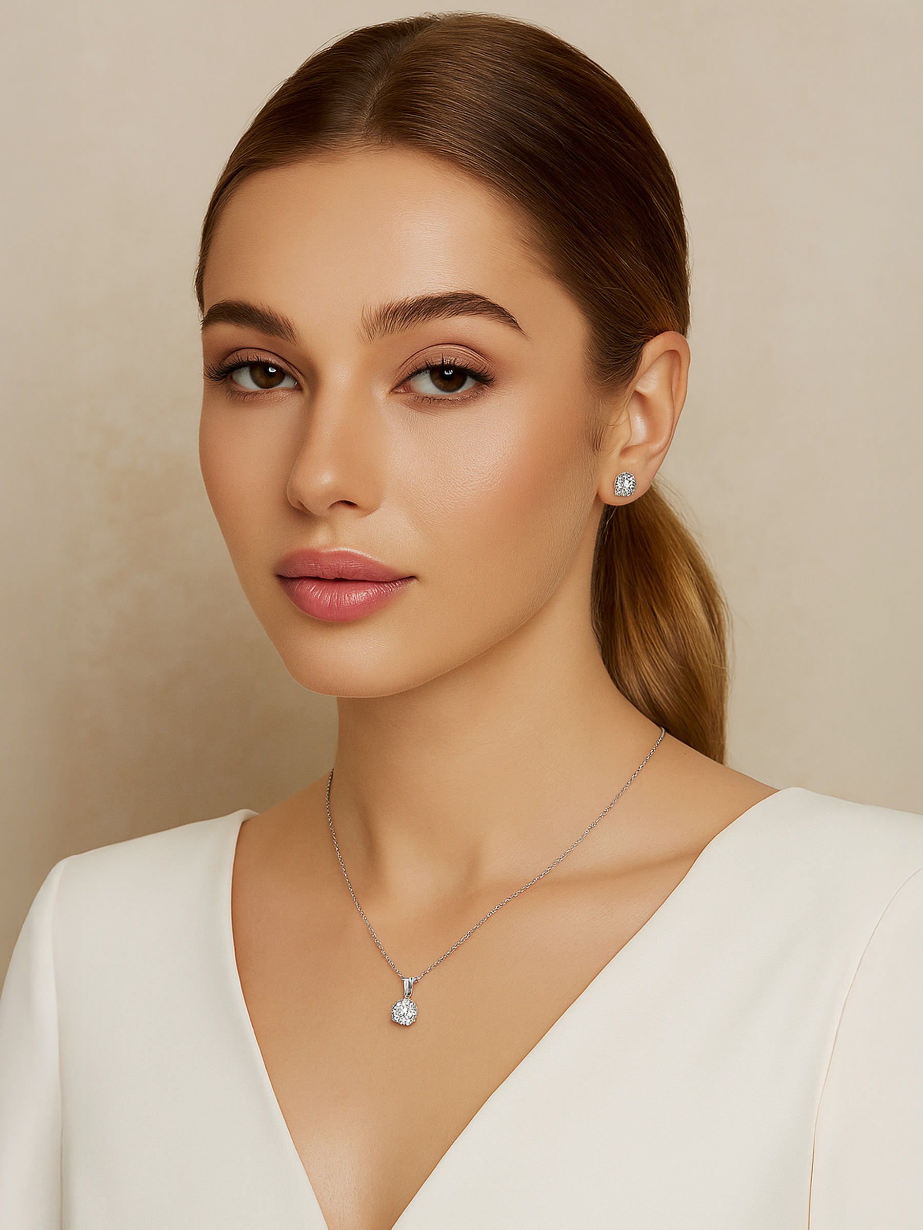 Woman wearing 1Ct White Sapphire Round Cut Pendant Necklace