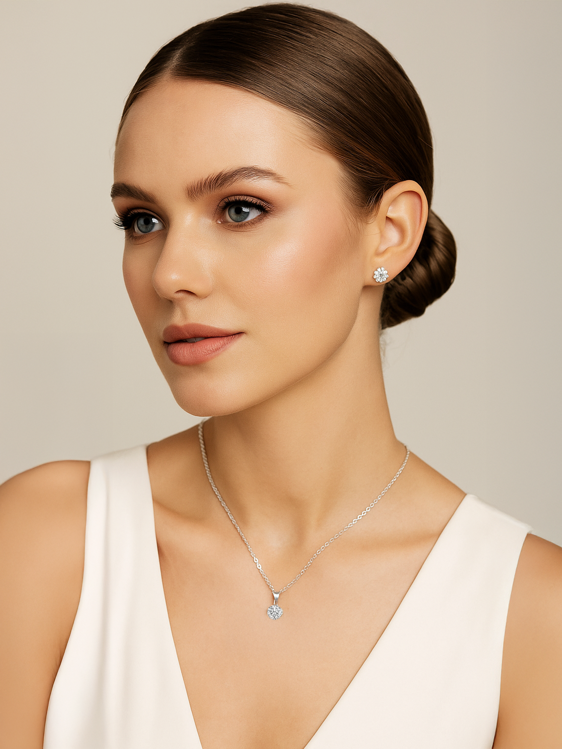 Woman wearing 1Ct White Sapphire Round Cut Pendant Necklace