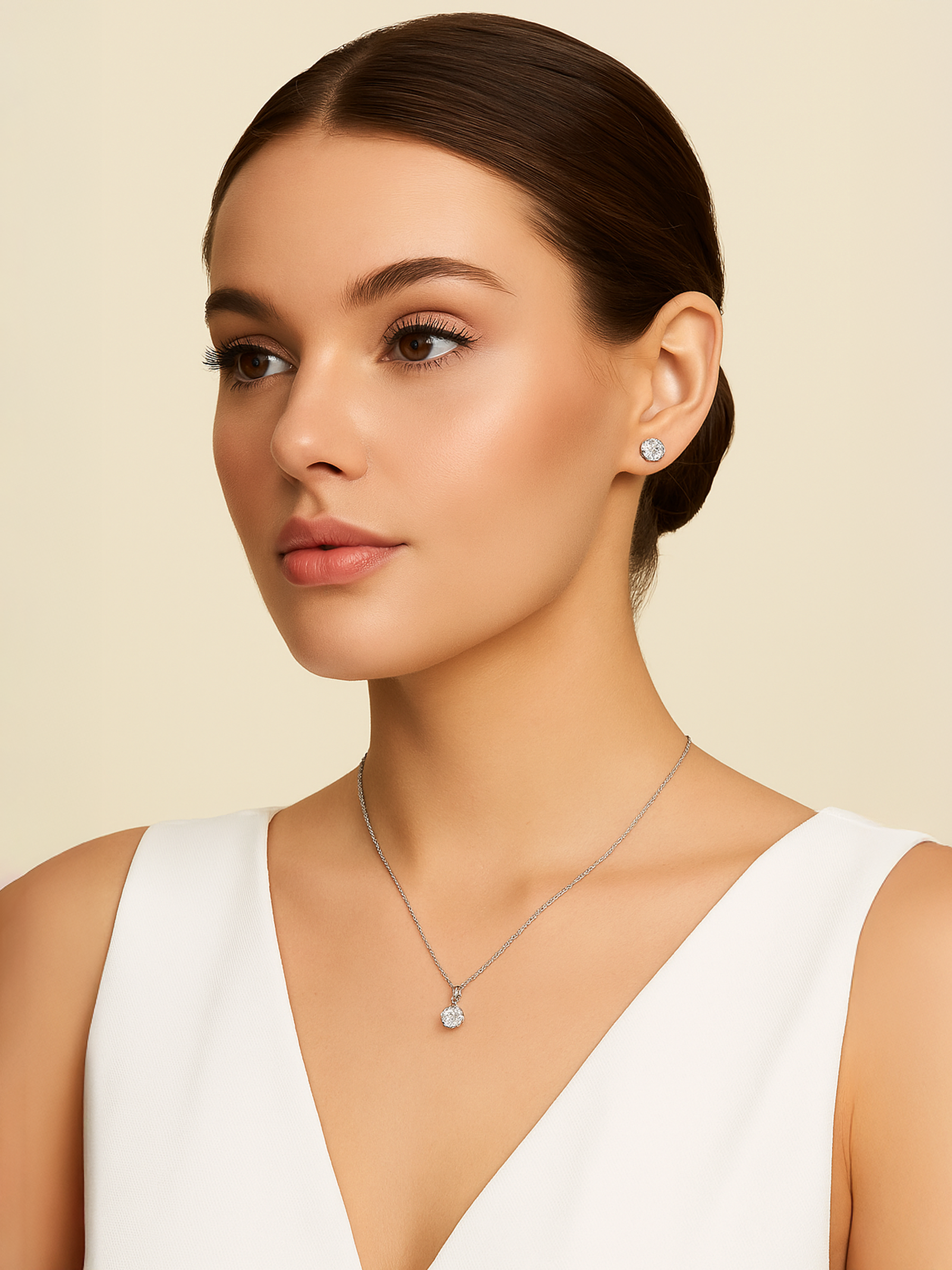 Woman wearing 1Ct White Sapphire Round Cut Pendant Necklace