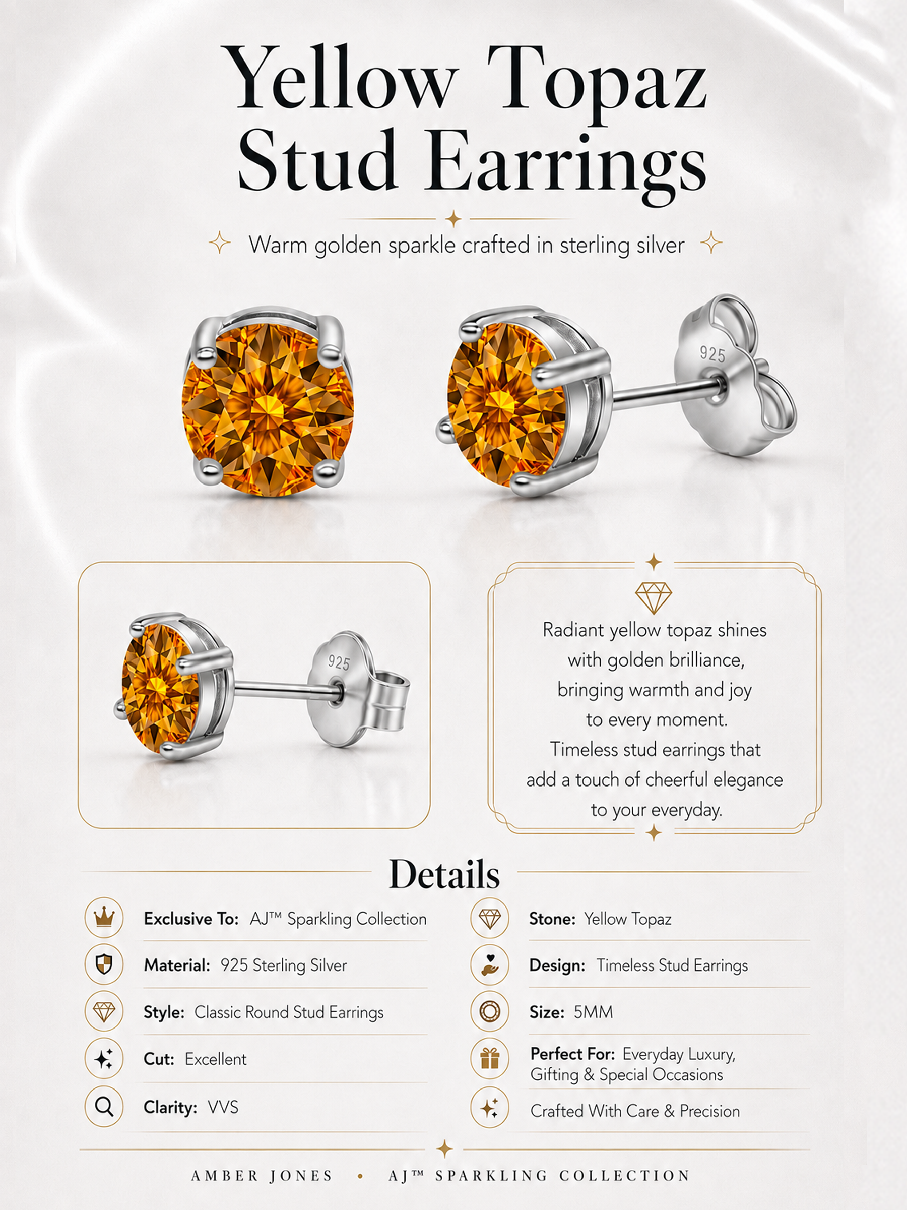 Yellow Topaz Stud Earrings 925 Sterling Silver
