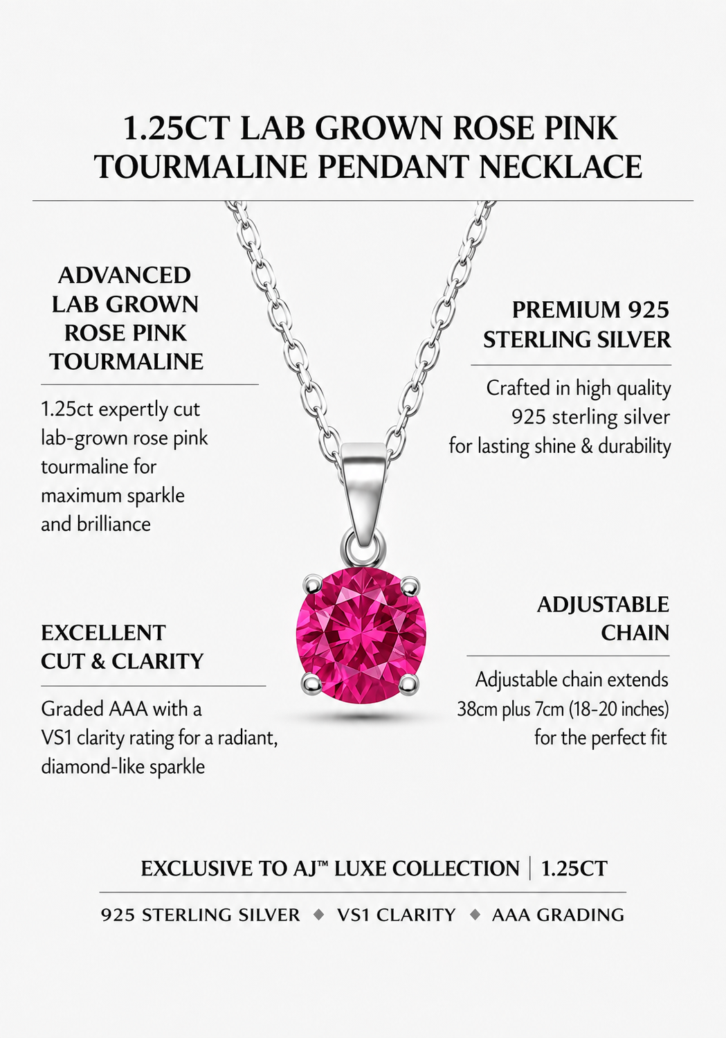 1.25ct Lab Grown Rose Pink Tourmaline Pendant Necklace