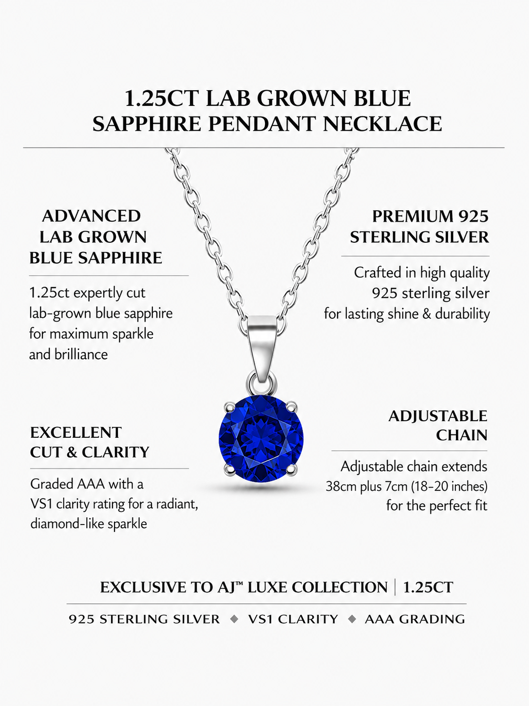 1.25ct Lab Grown Blue Sapphire Pendant Necklace