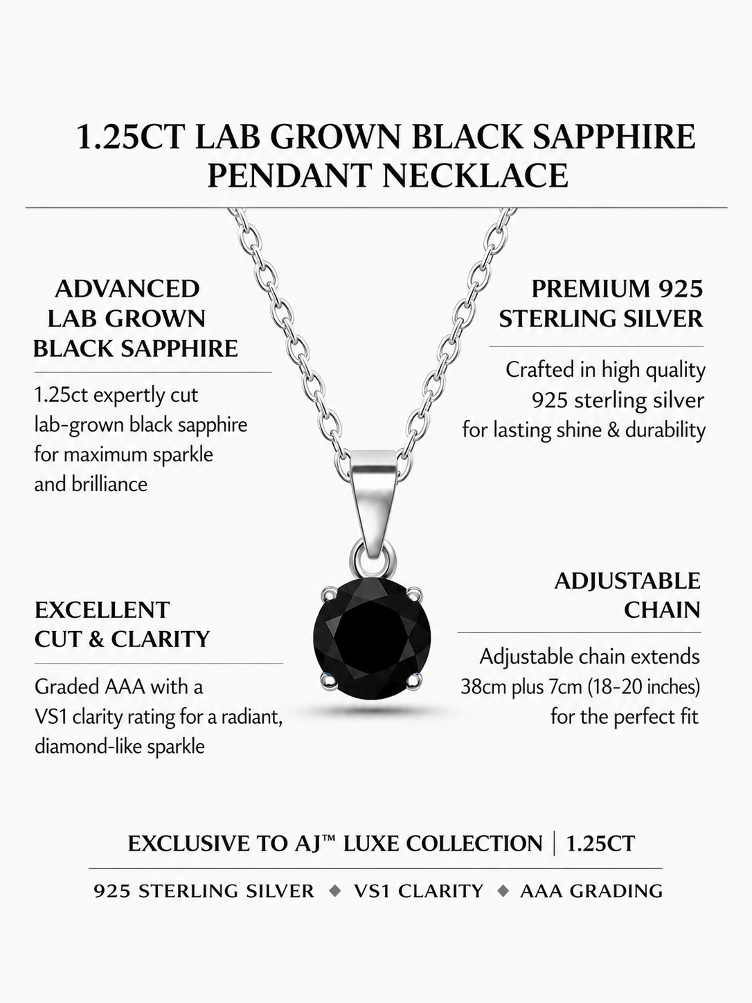 1.25ct Lab Grown Black Sapphire Pendant Necklace