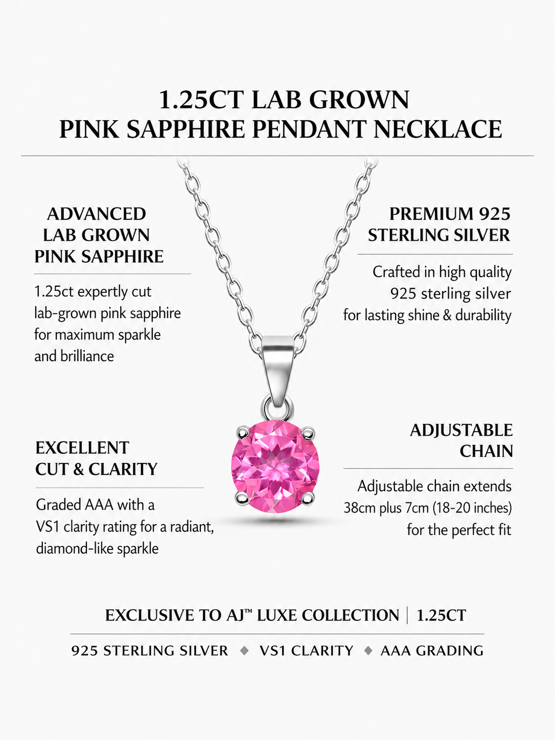 1.25ct Lab Grown Pink Sapphire Pendant Necklace