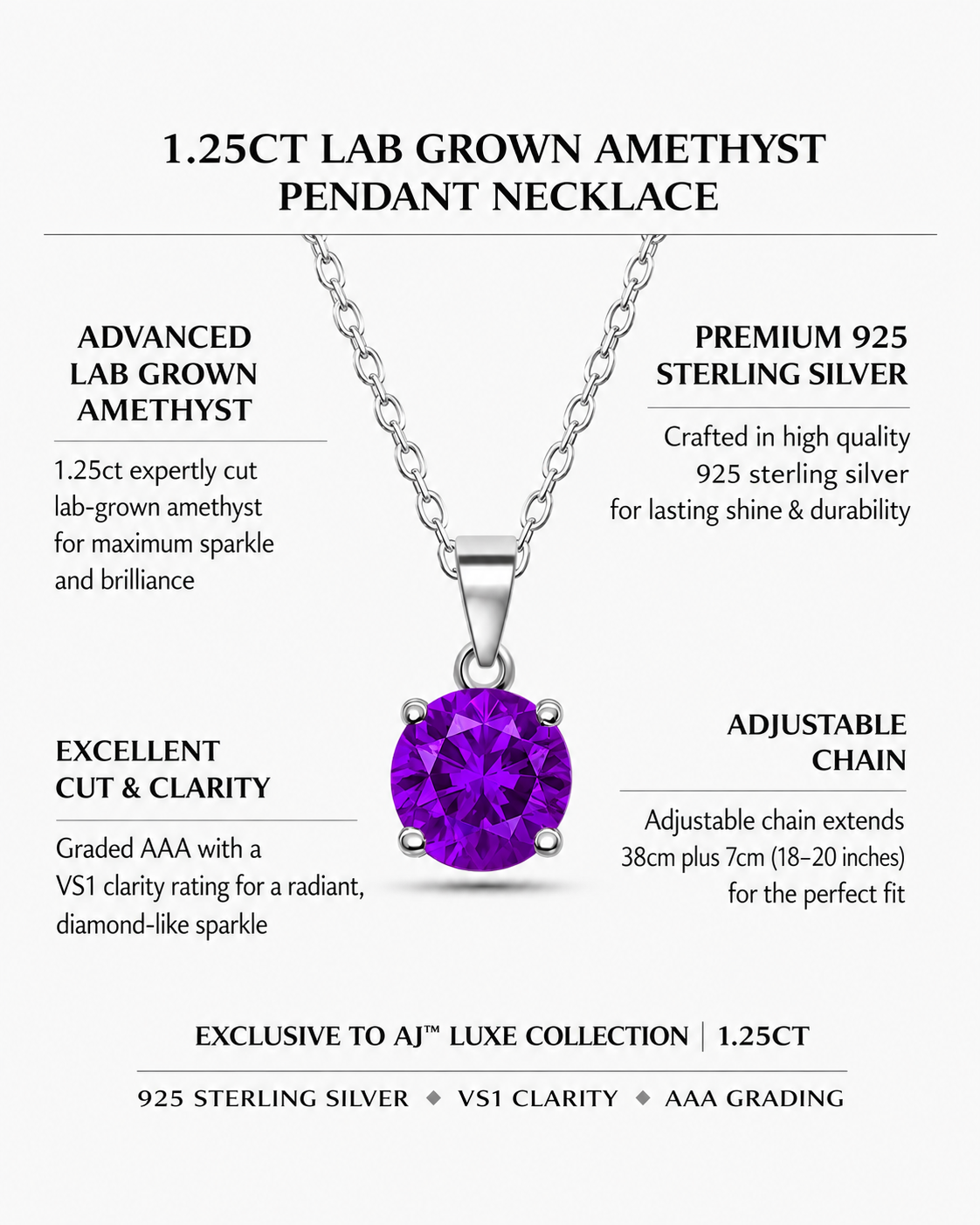 1.25ct Lab Grown Amethyst Purple Pendant Necklace