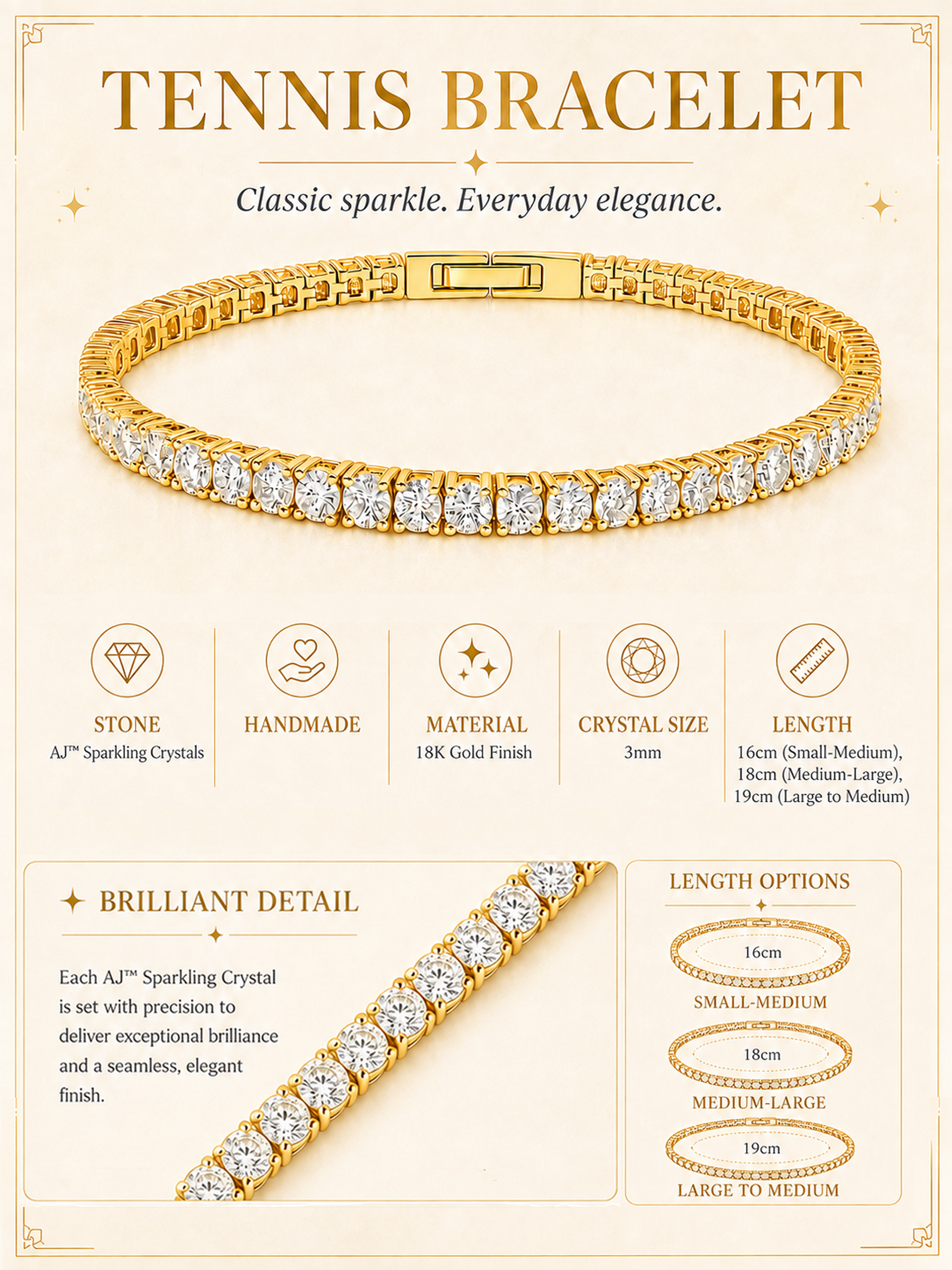 Sparkling Gold Tennis Bracelet 18K Gold Tone Finish