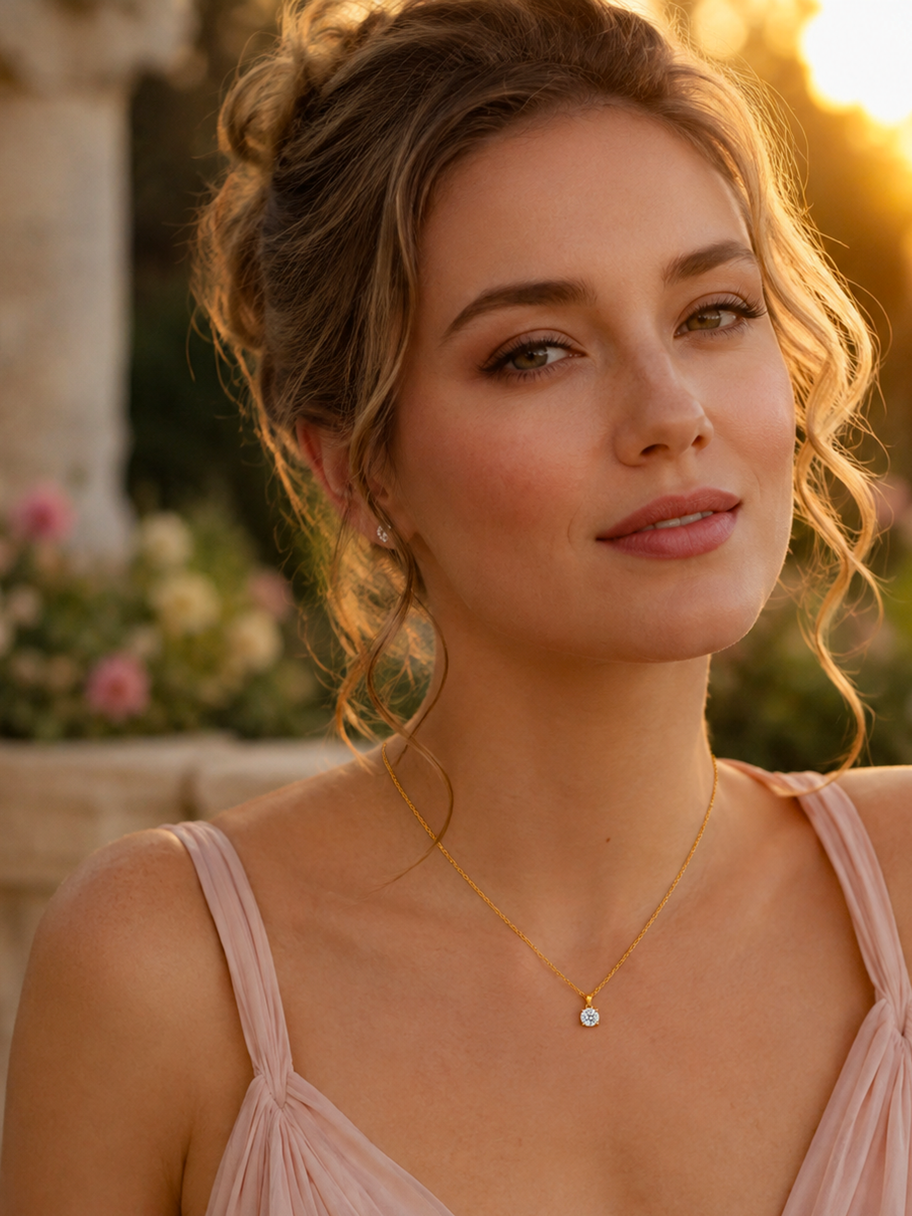 A woman wearing a 1.25Ct Solitaire Pendant Necklace 18K Gold Tone Finish