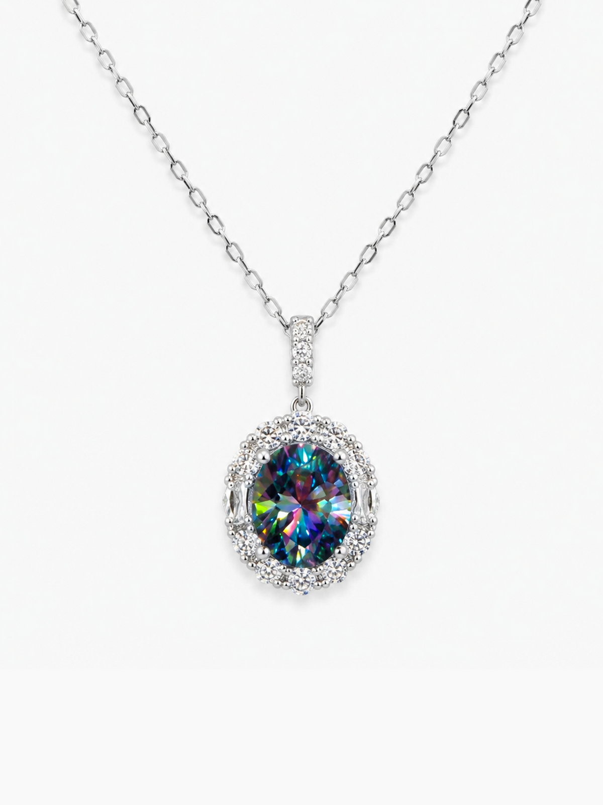 2Ct Rainbow Blue Sapphire Moissanite Oval Halo Pendant Necklace