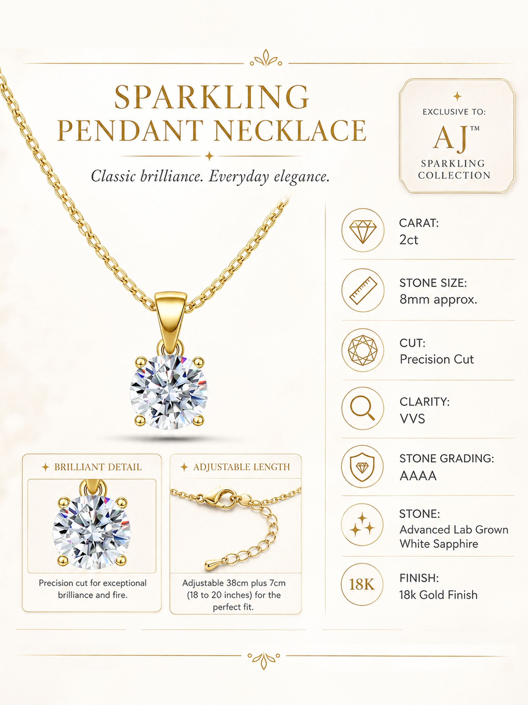 2Ct Solitaire Pendant Necklace 18K Gold Tone Finish