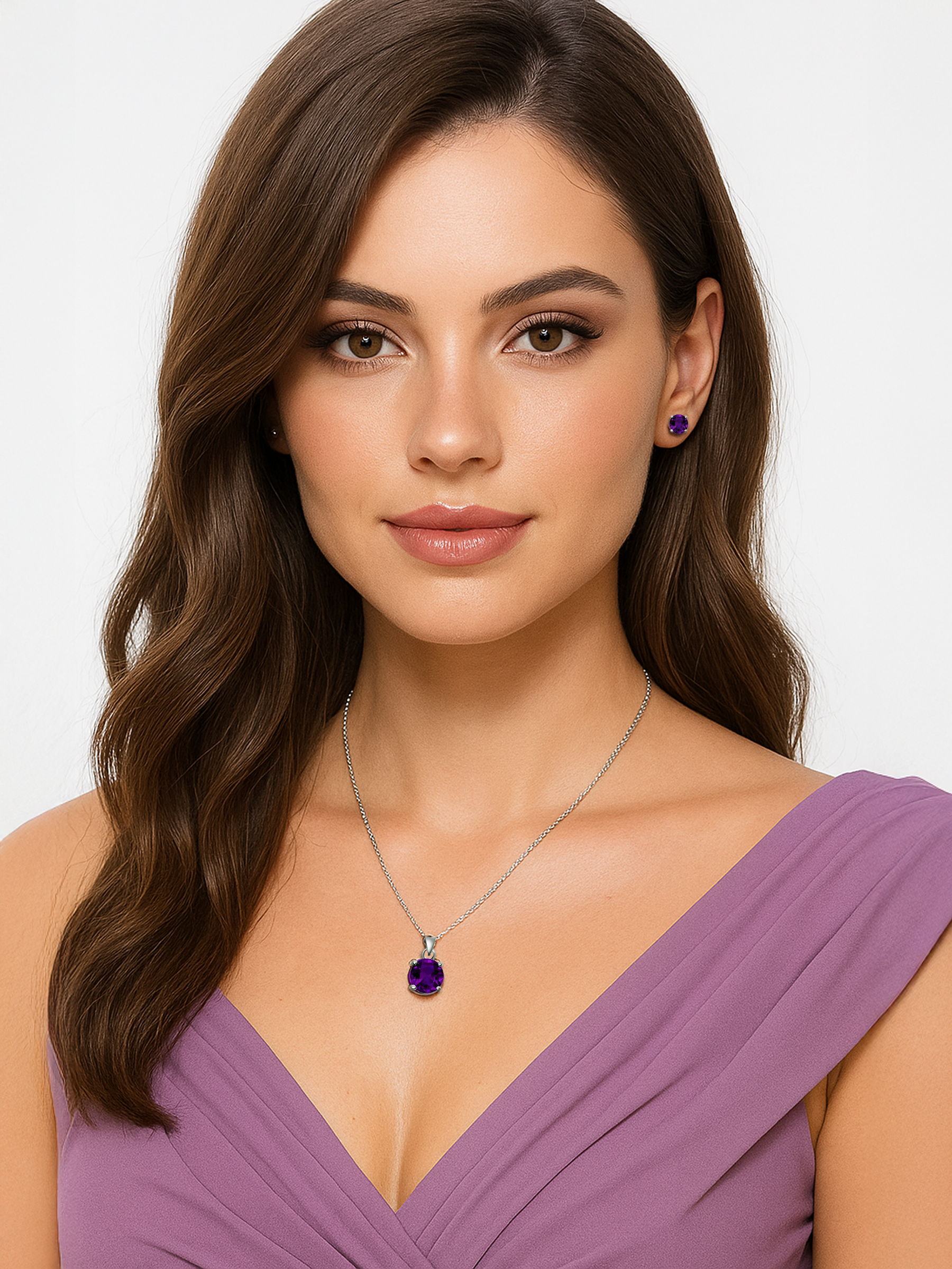 Woman model wearing 2ct Lab Grown Amethyst Purple Pendant Necklace
