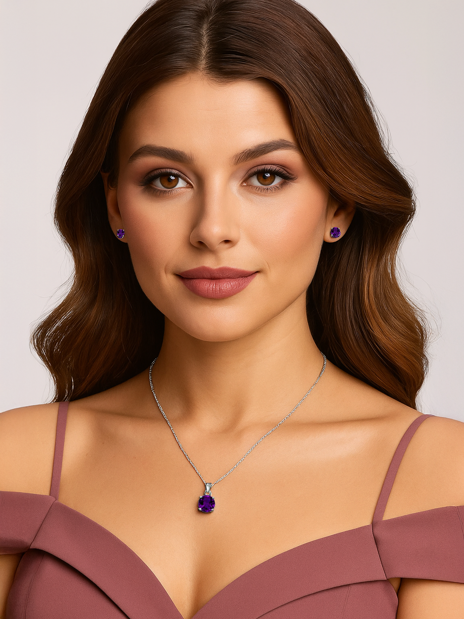 Woman model wearing 2ct Lab Grown Amethyst Purple Pendant Necklace