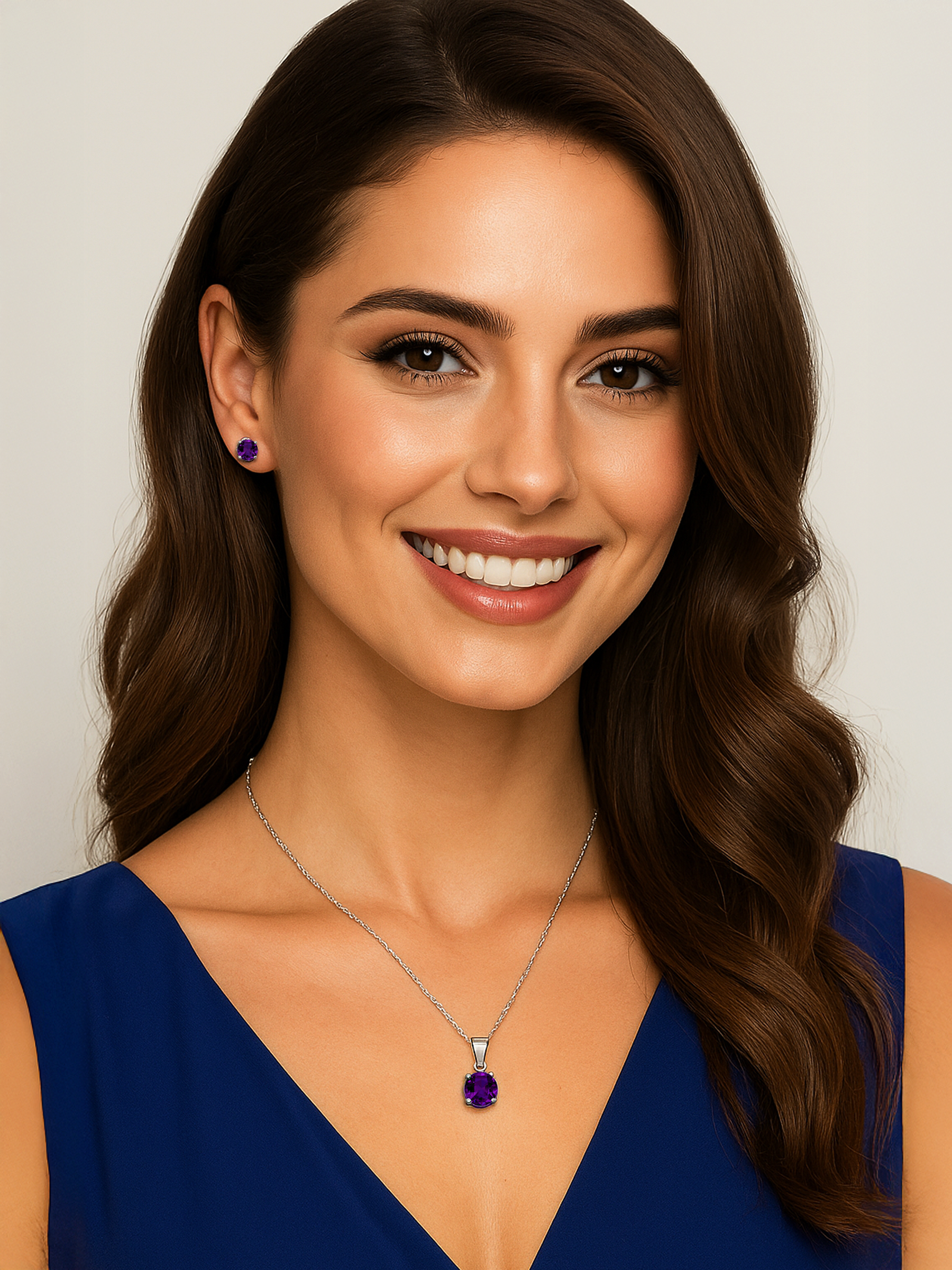 Woman model wearing 2ct Lab Grown Amethyst Purple Pendant Necklace