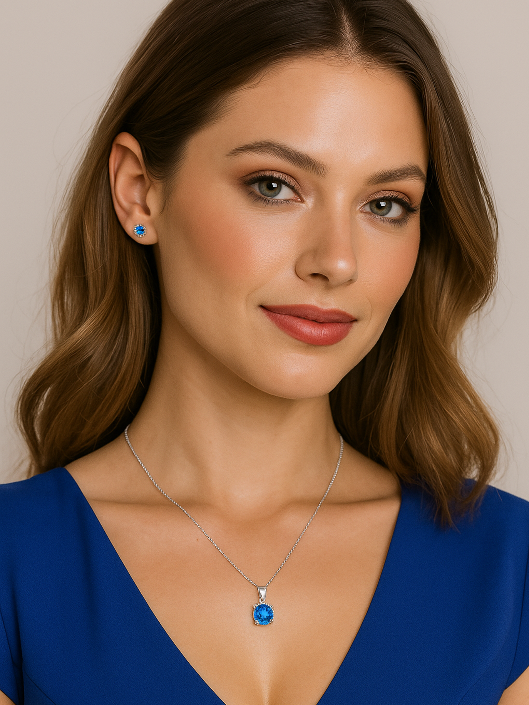 women model wearing 2ct Lab Grown Aquamarine Blue Sapphire Pendant Necklace