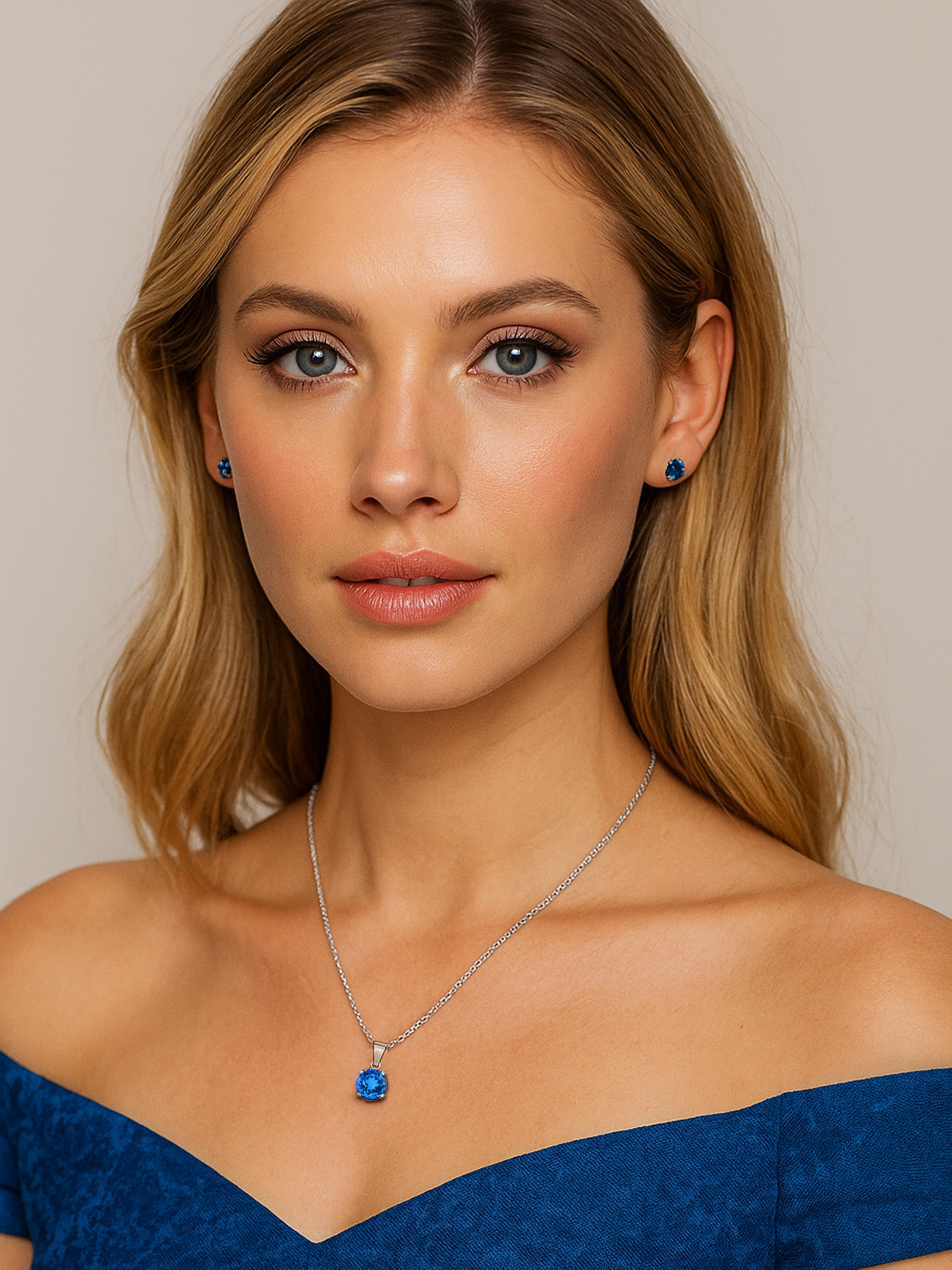 women model wearing 2ct Lab Grown Aquamarine Blue Sapphire Pendant Necklace