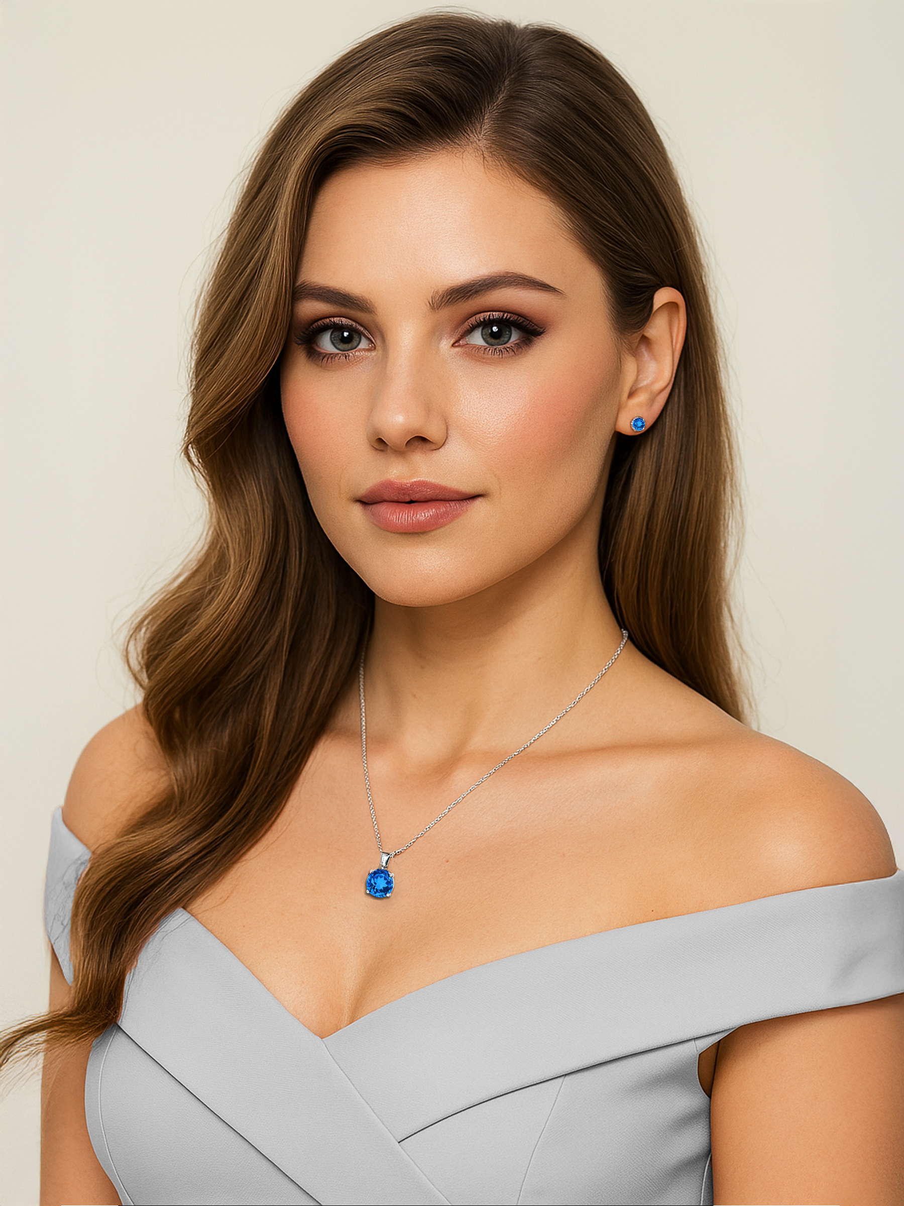 women model wearing 2ct Lab Grown Aquamarine Blue Sapphire Pendant Necklace