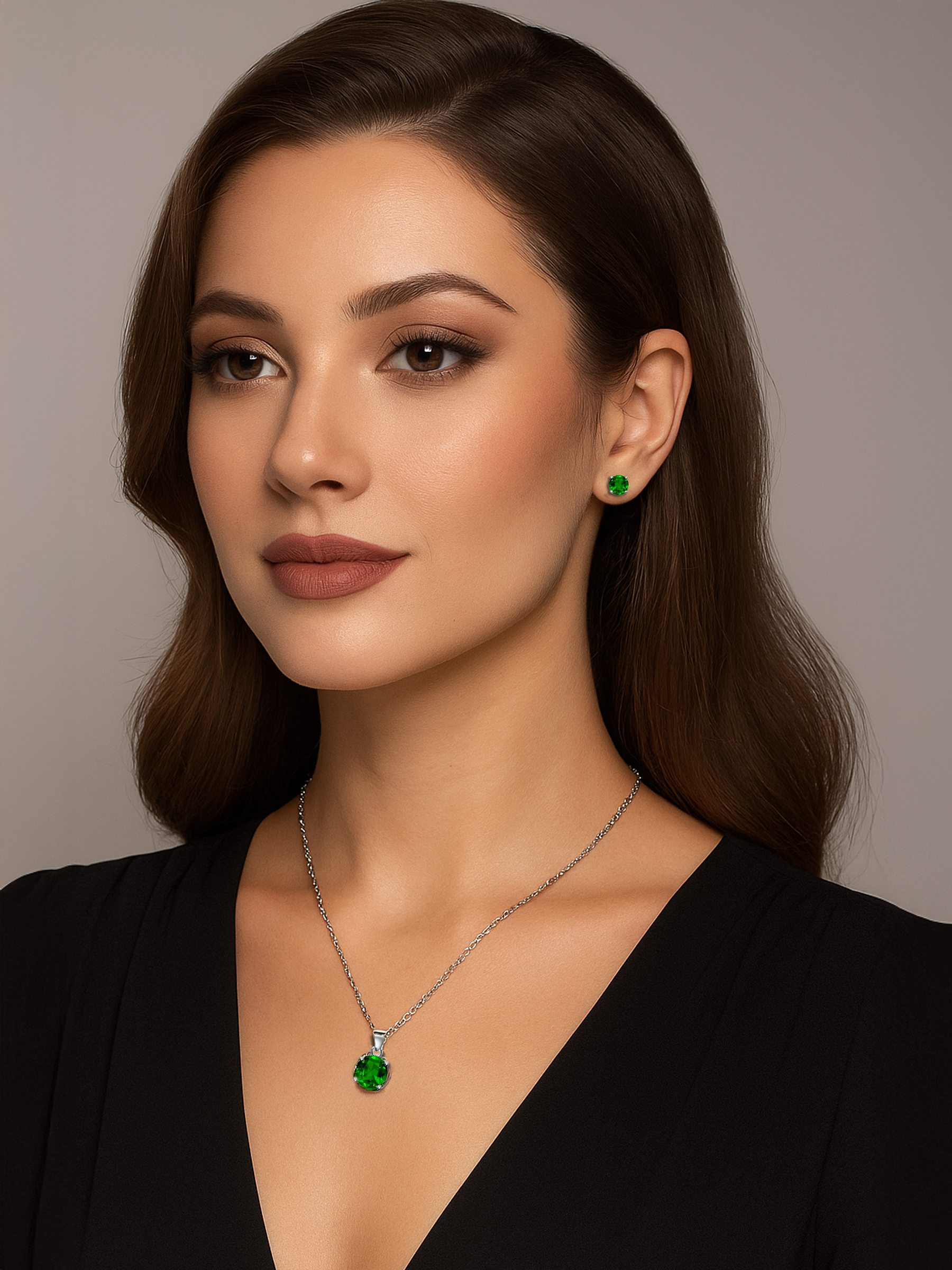Woman wearing 2ct Lab Grown Emerald Pendant Necklace