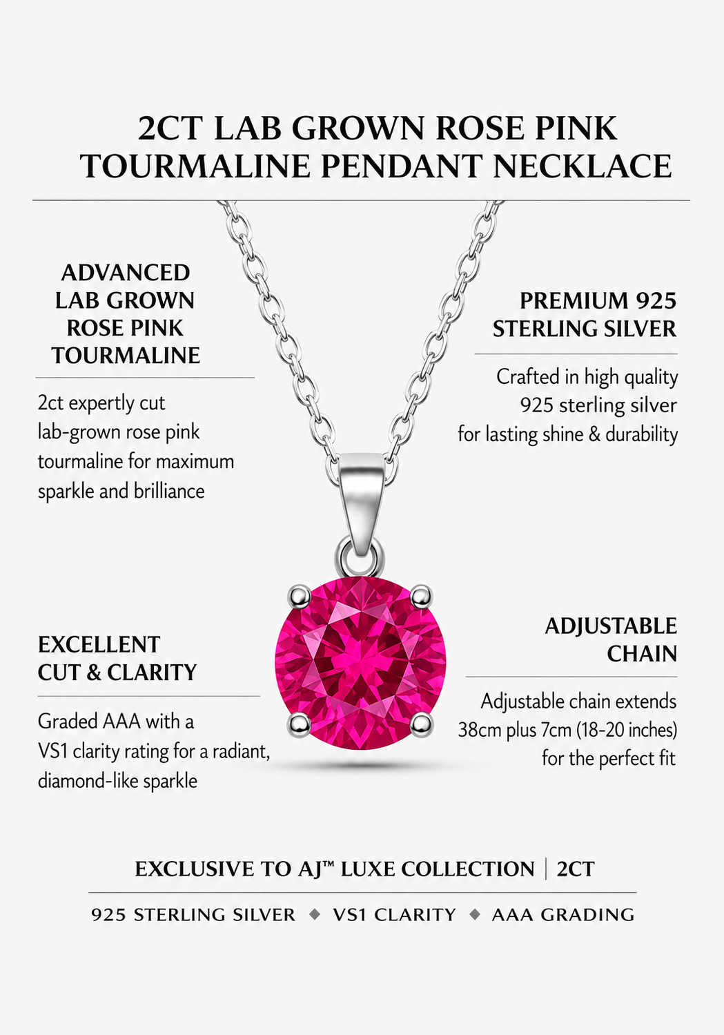 2ct Lab Grown Rose Pink Tourmaline Pendant Necklace