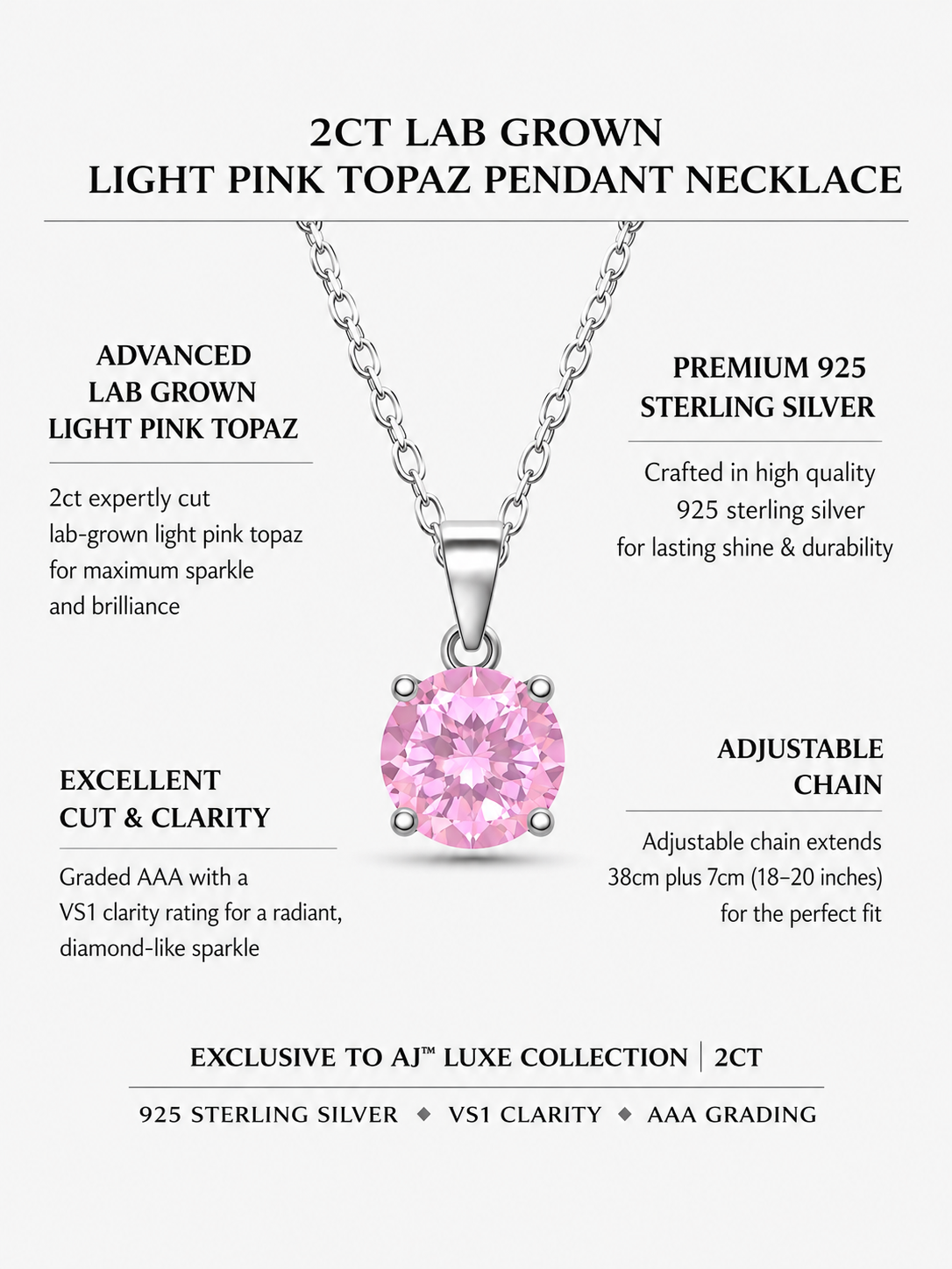 2Ct Lab Grown Light Pink Topaz Pendant Necklace