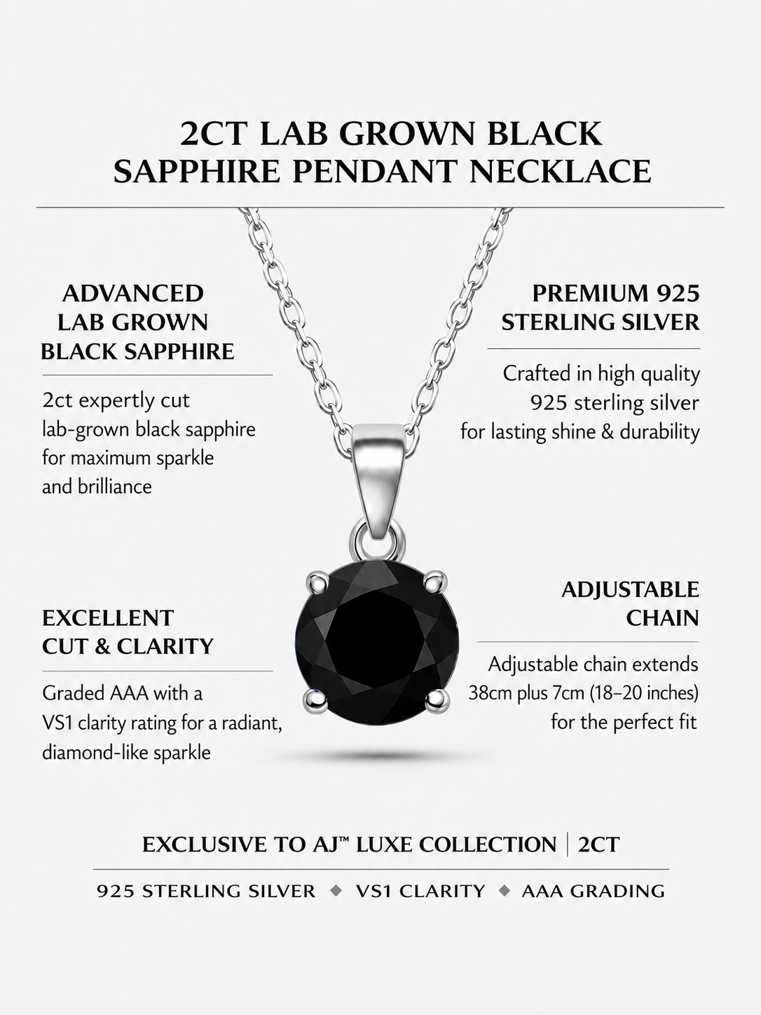 2ct Lab Grown Black Sapphire Pendant Necklace