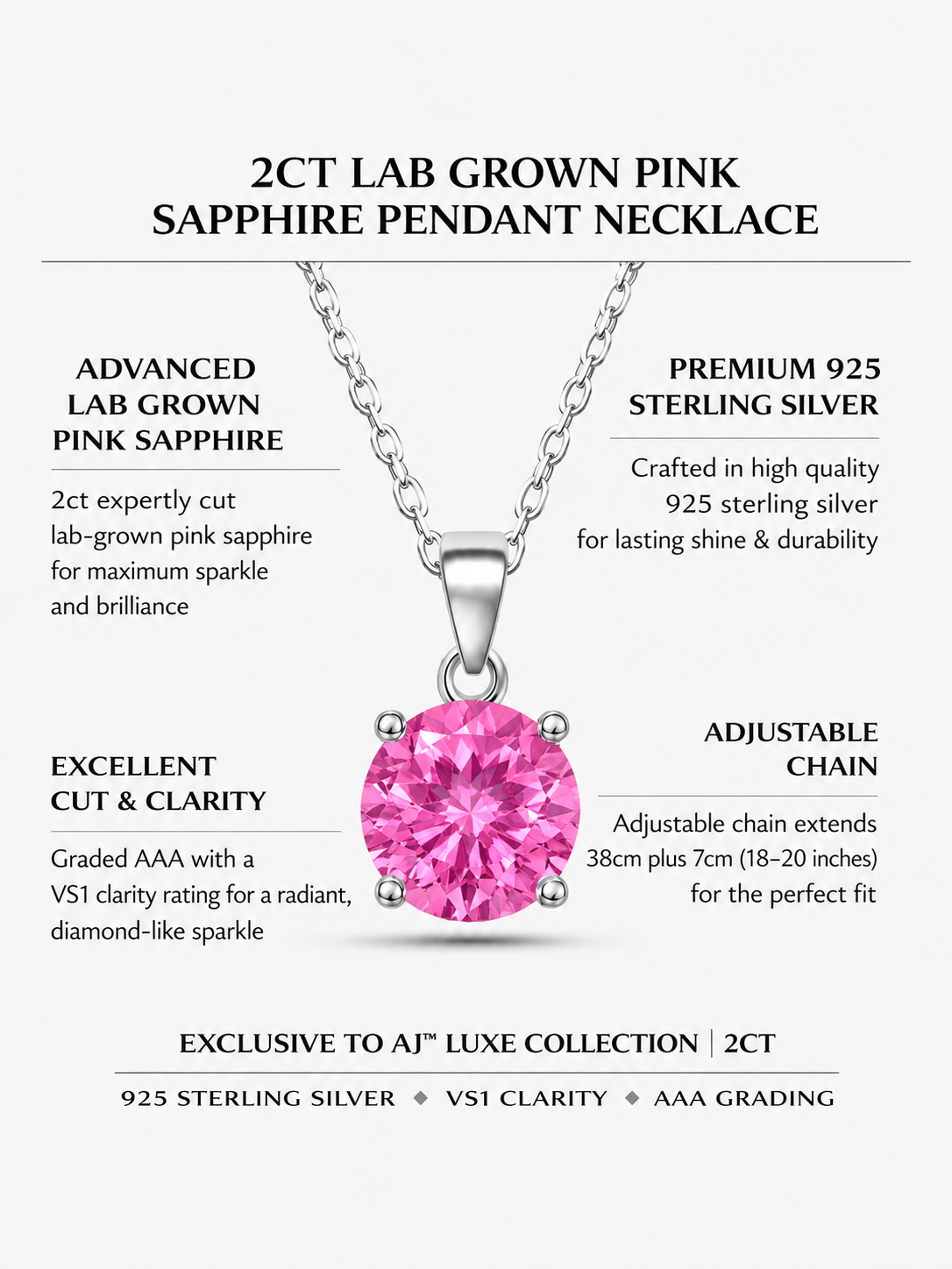 2ct Lab Grown Pink Sapphire Pendant Necklace
