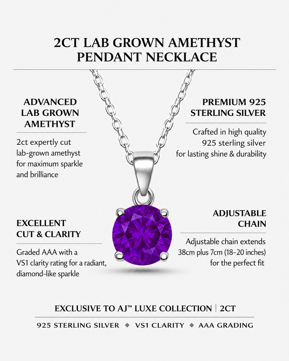 2ct Lab Grown Amethyst Purple Pendant Necklace