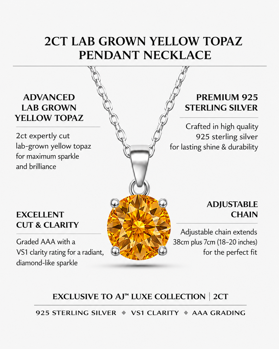 2ct Lab Grown Yellow Topaz Pendant Necklace