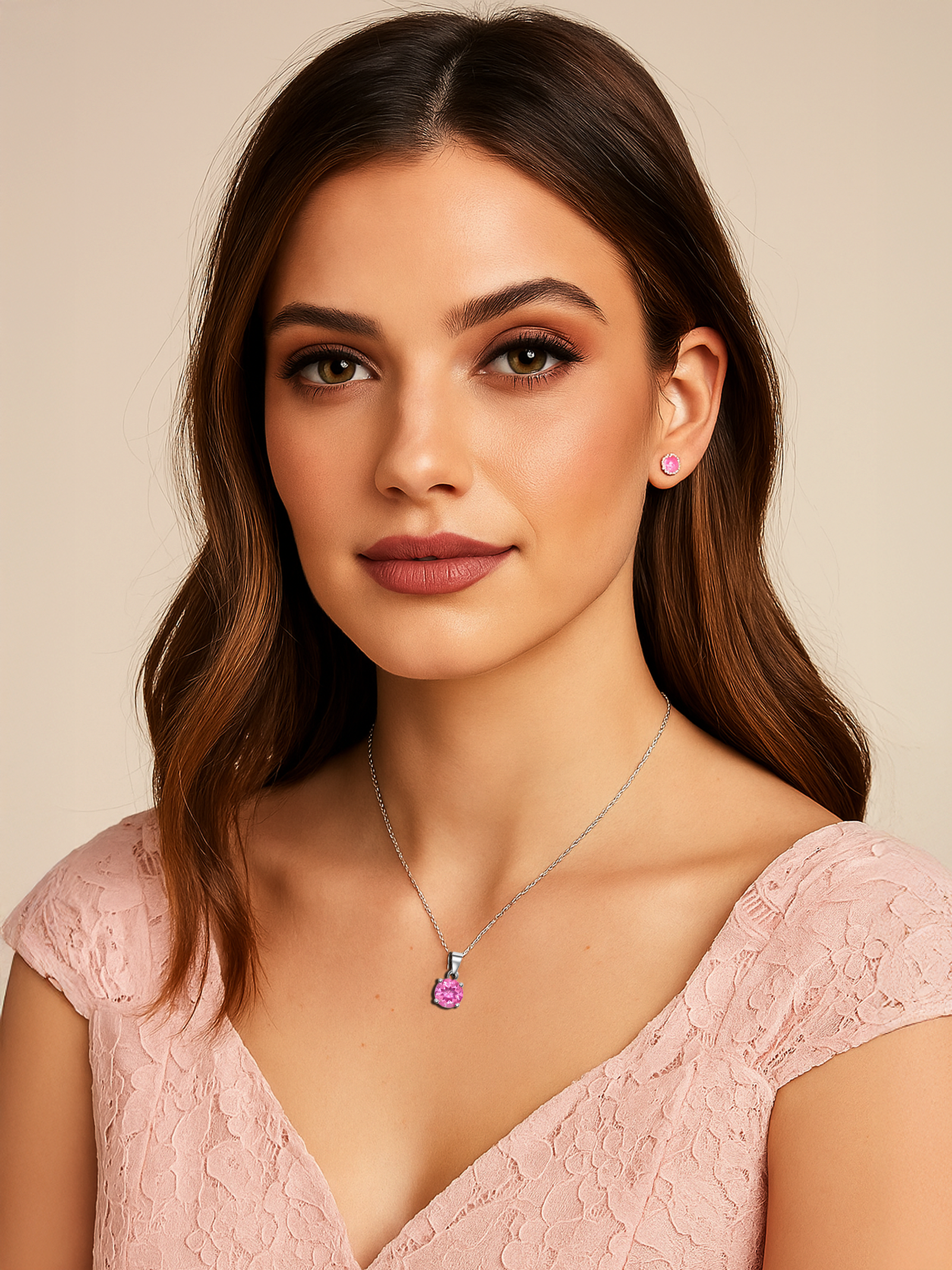Woman wearing 2ct Lab Grown Pink Sapphire Pendant Necklace