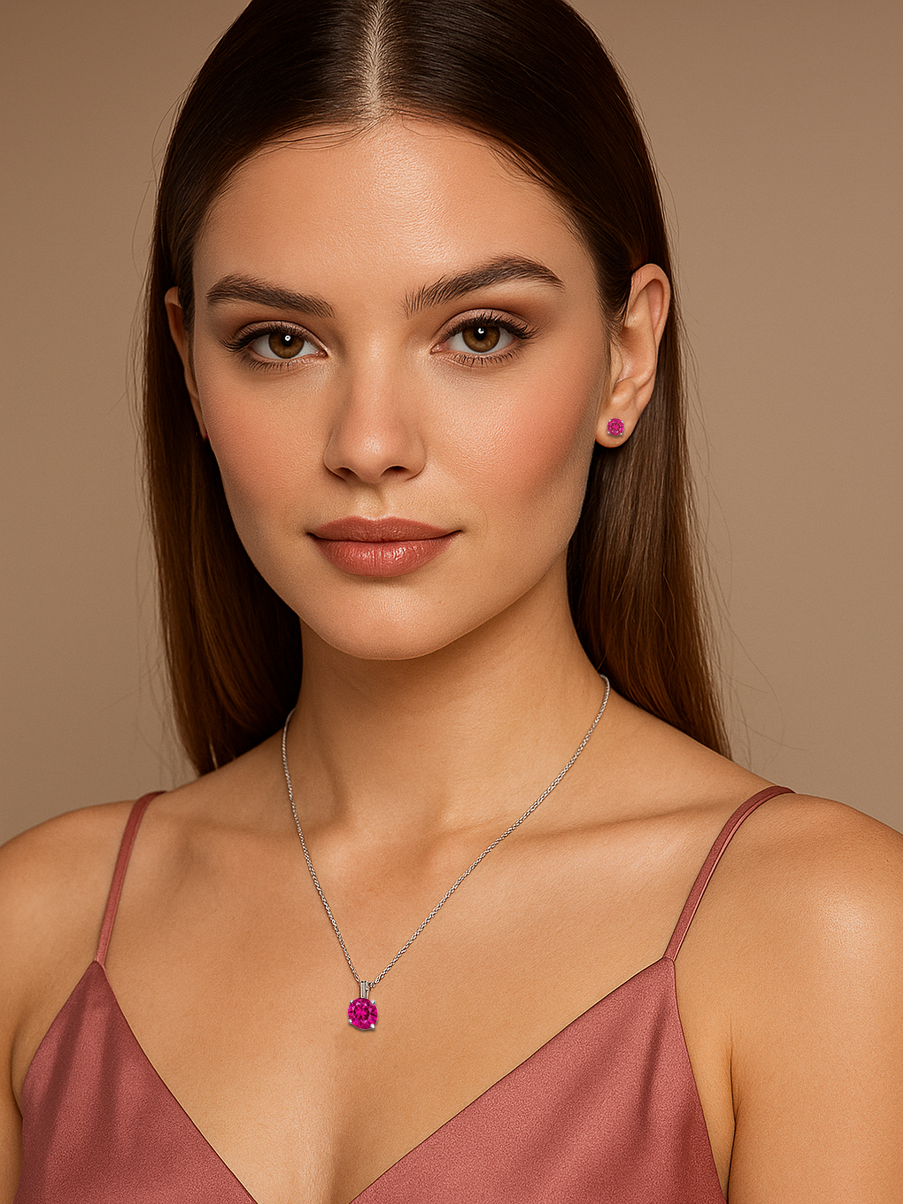 women wearing 2ct Lab Grown Rose Pink Tourmaline Pendant Necklace