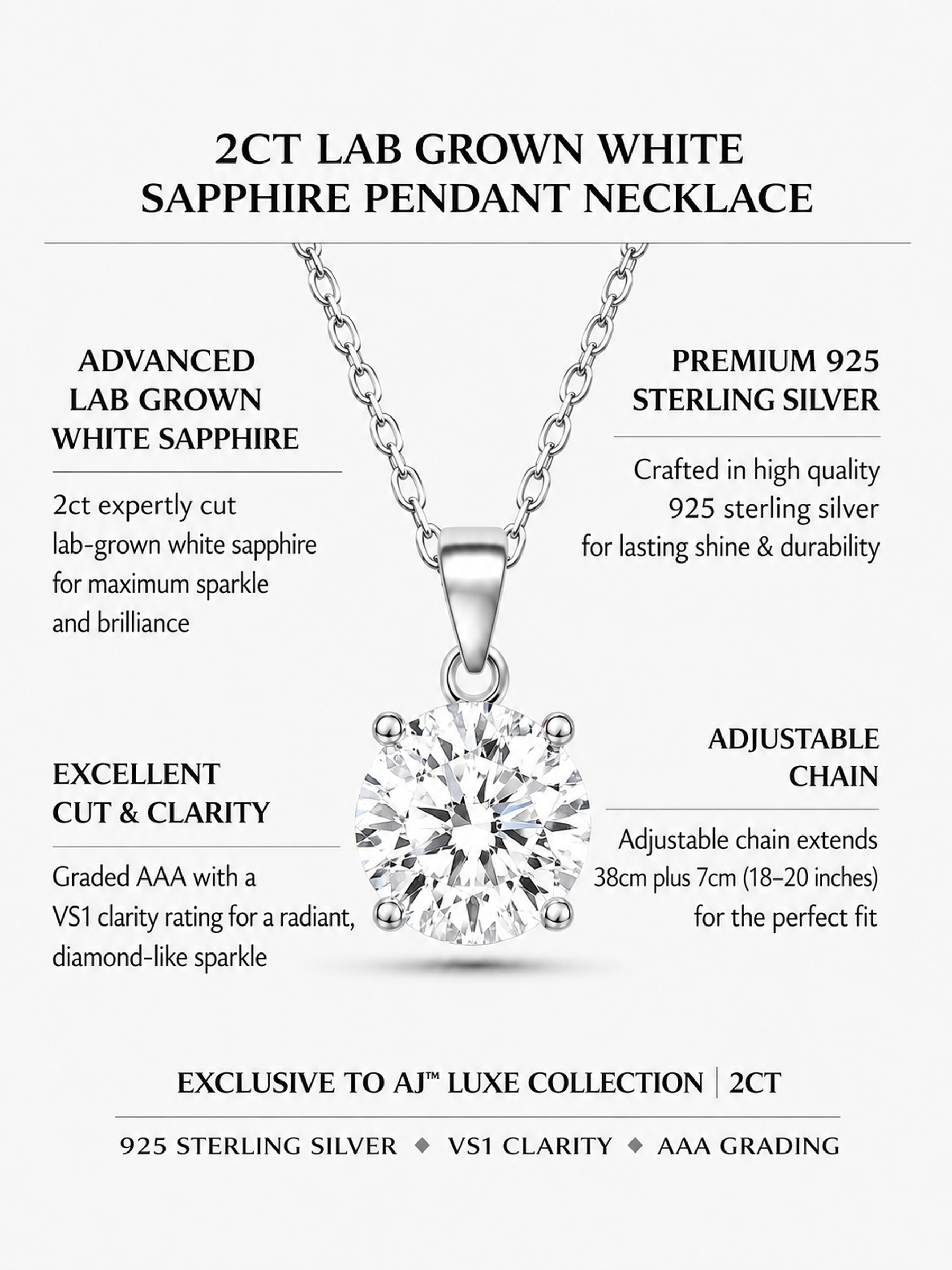 2ct Lab Grown White Sapphire Pendant Necklace