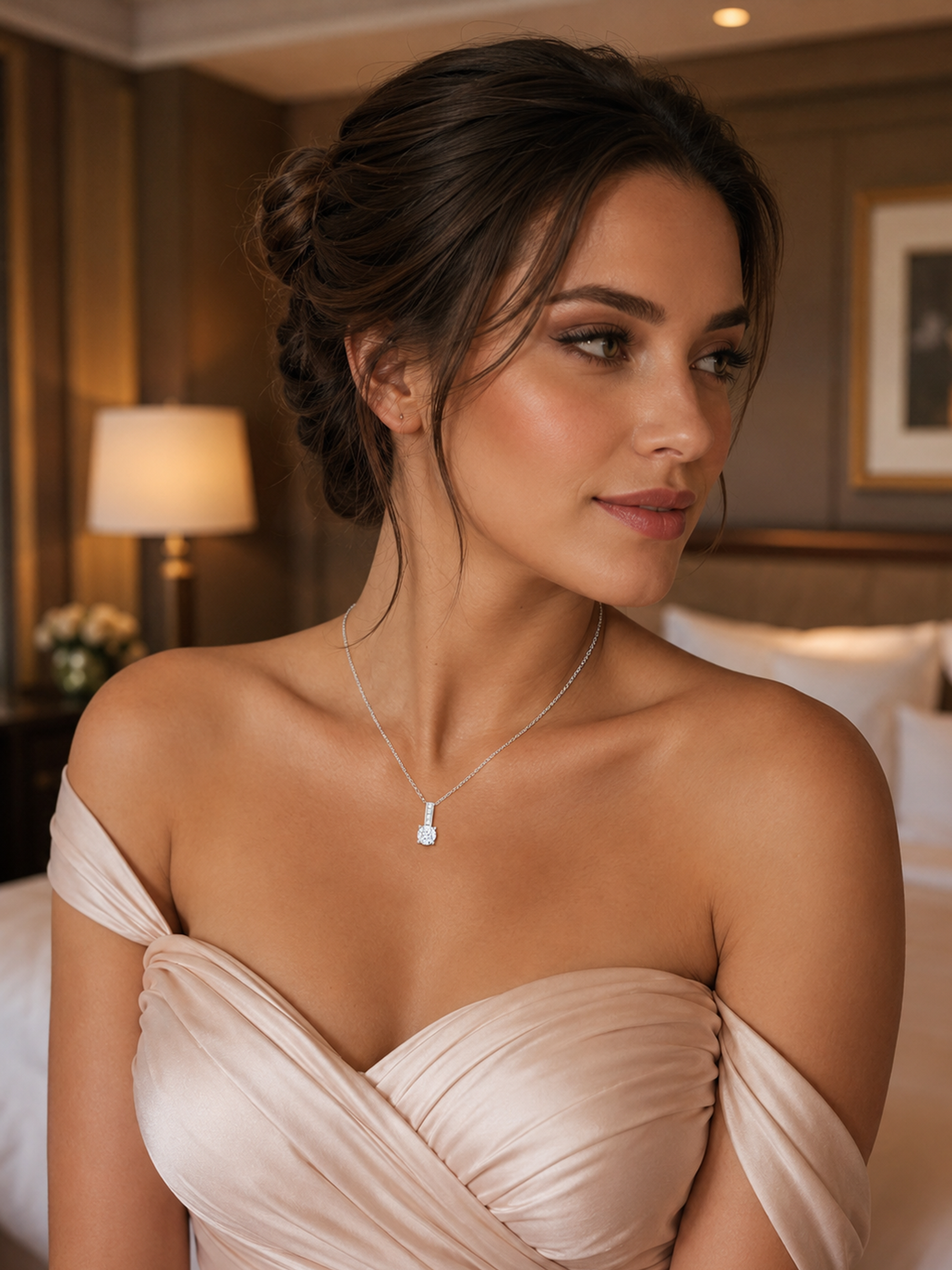 A woman in a champagne off-the-shoulder dress wearing a 2.5Ct Moissanite Round Cut Pendant Necklace