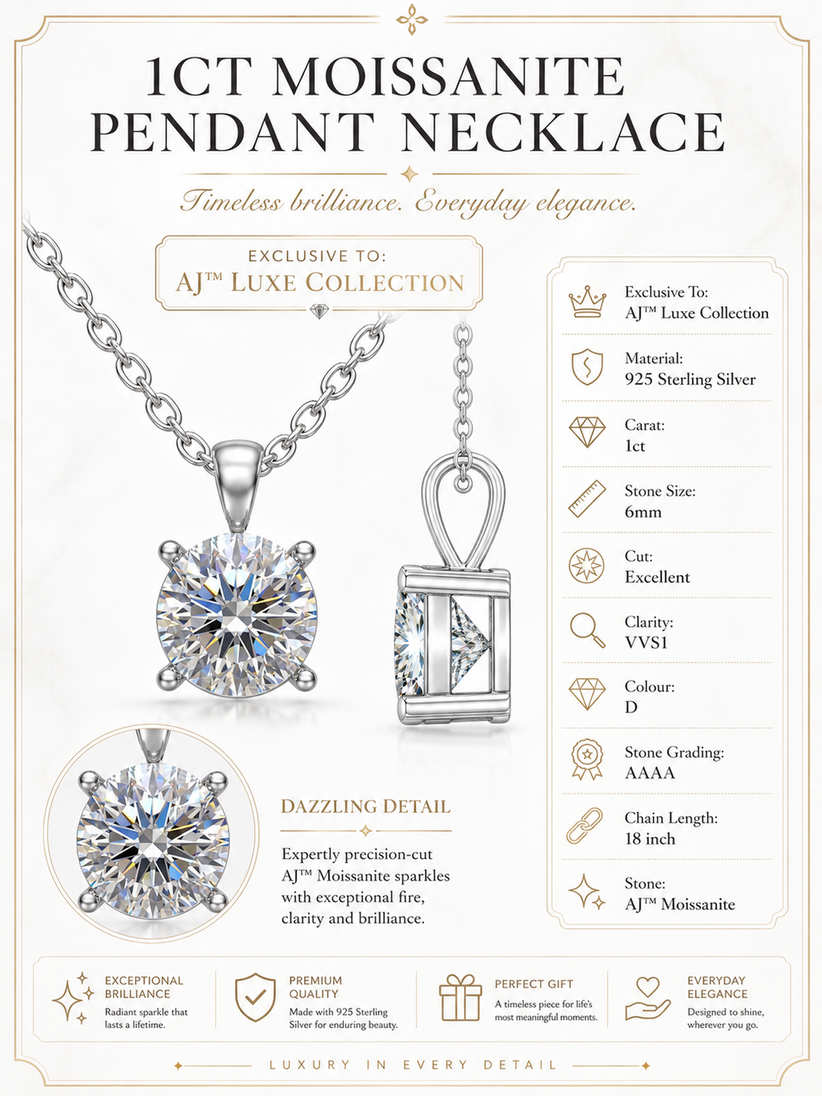 1Ct Moissanite Pendant Necklace