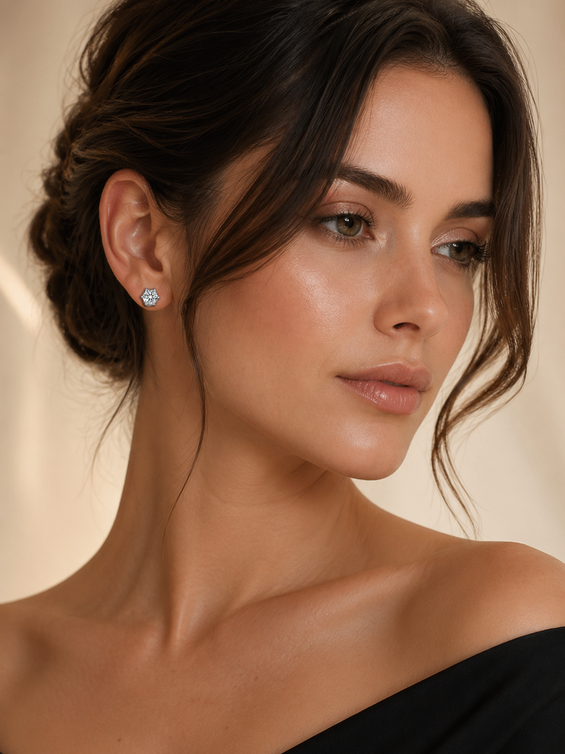 Close-up of a woman wearing 2Ct 6 Prong Moissanite Diamond Earrings