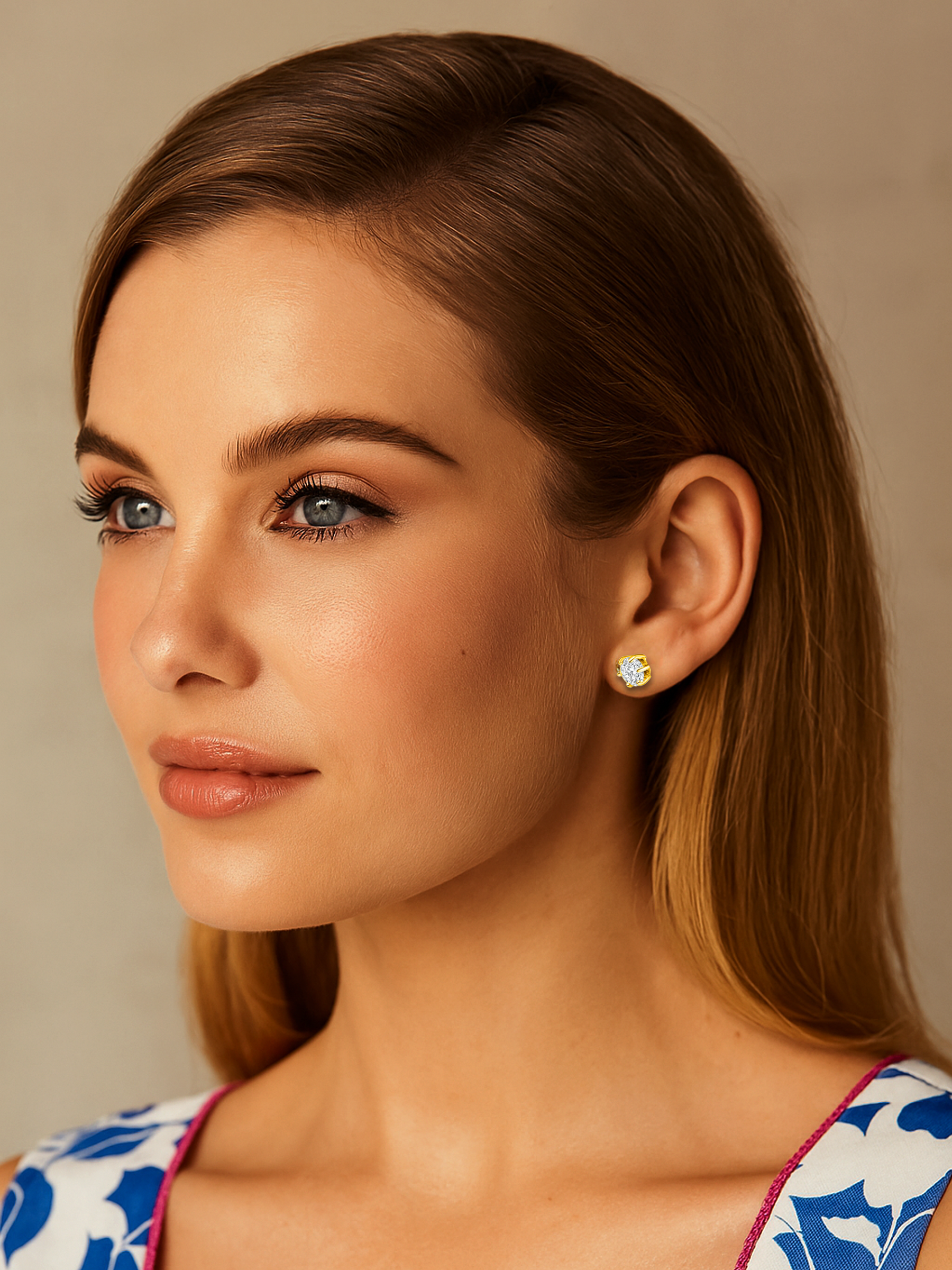 White Sapphire Stud Earrings Gold Tone Plated