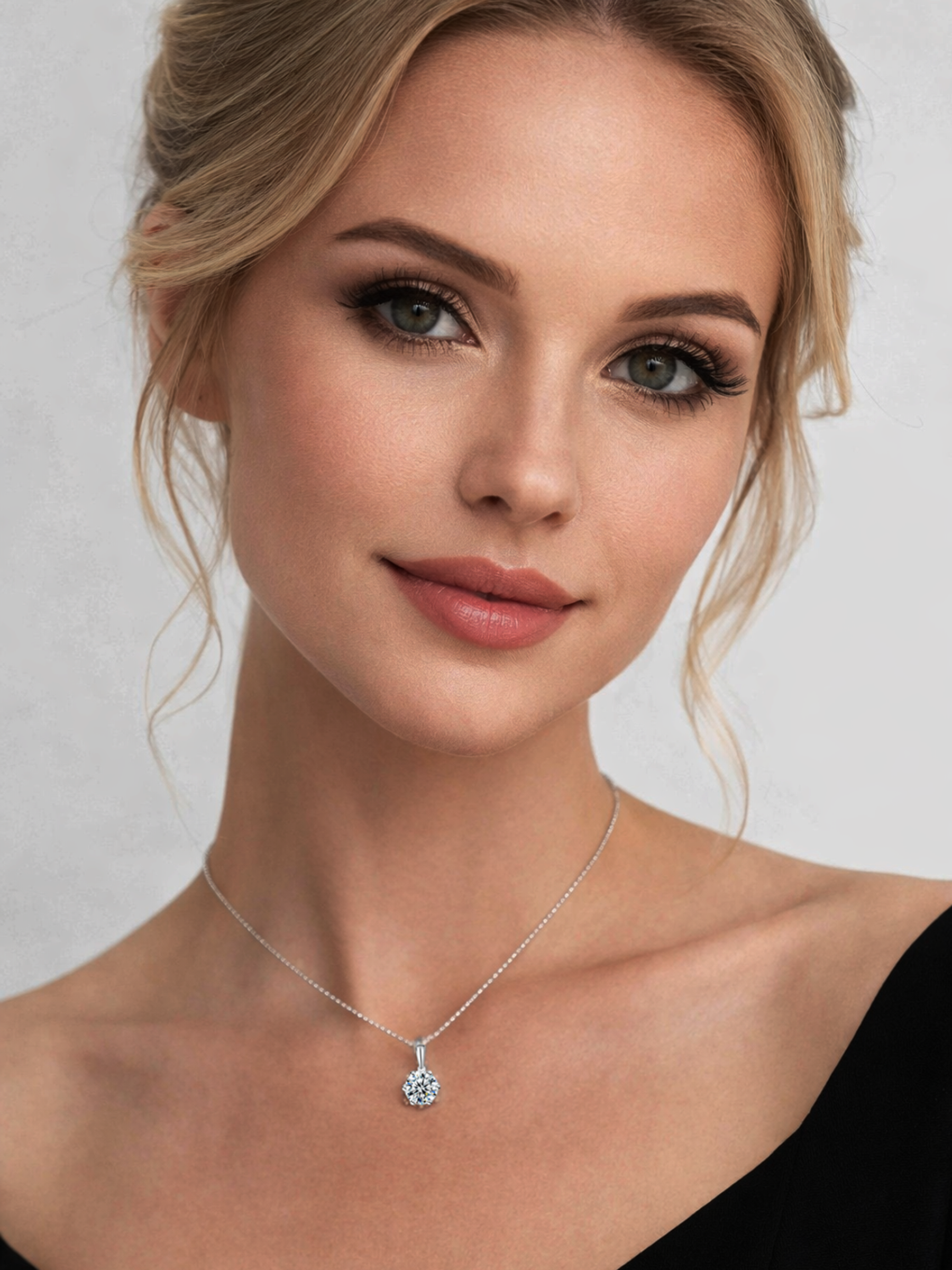Woman wearing a 2Ct Round Lab Diamond Moissanite Pendant Necklace