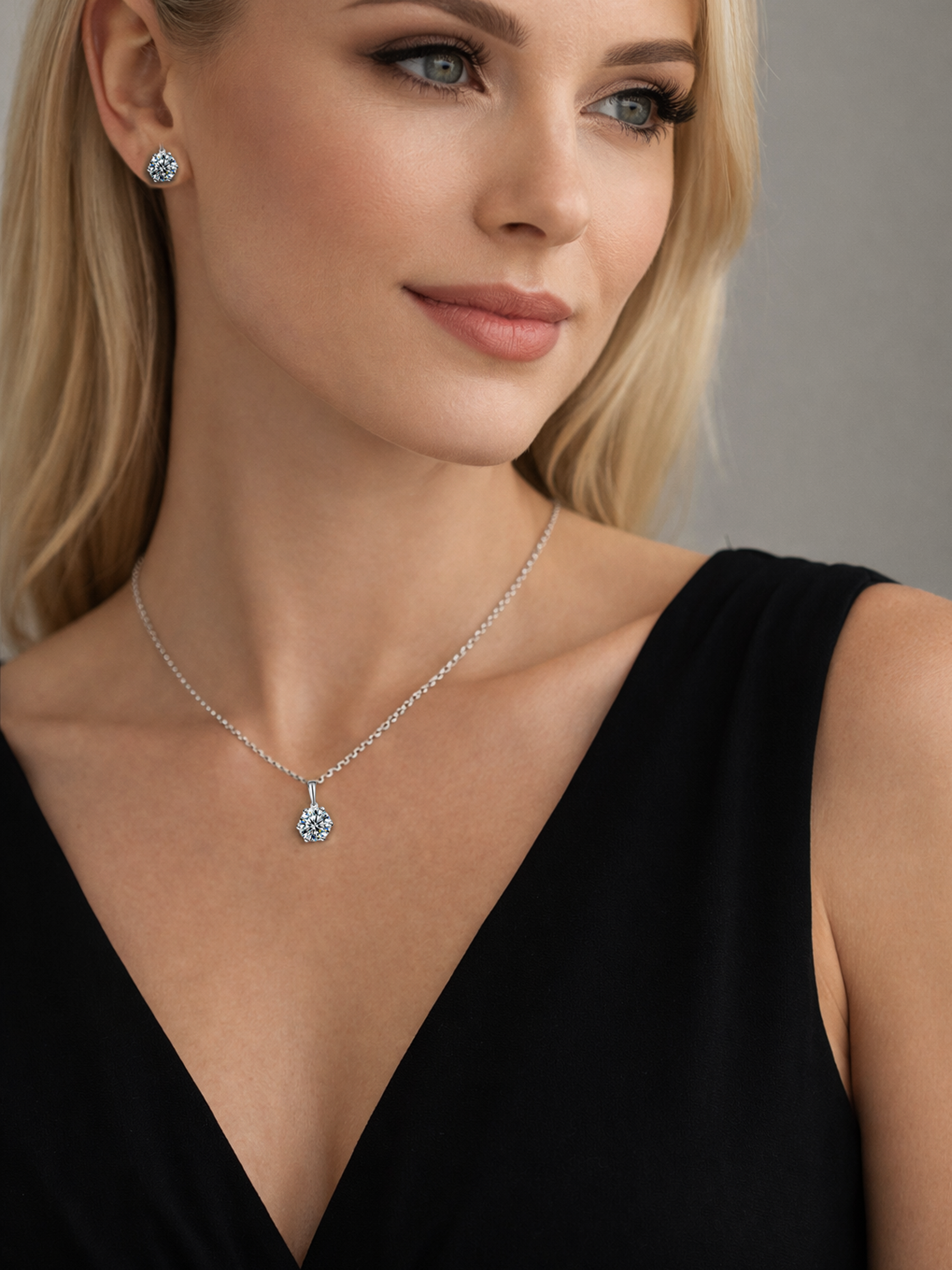 Woman wearing a 2Ct Round Lab Diamond Moissanite Pendant Necklace