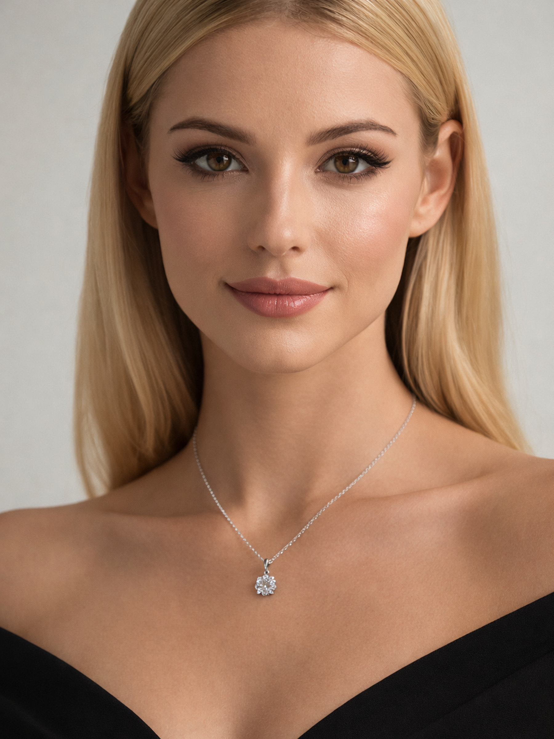Woman wearing a 2Ct Round Lab Diamond Moissanite Pendant Necklace