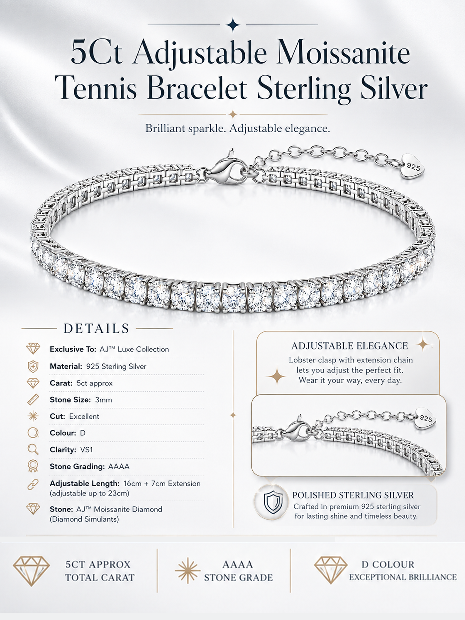 5ct Adjustable Moissanite Tennis Bracelet Sterling Silver
