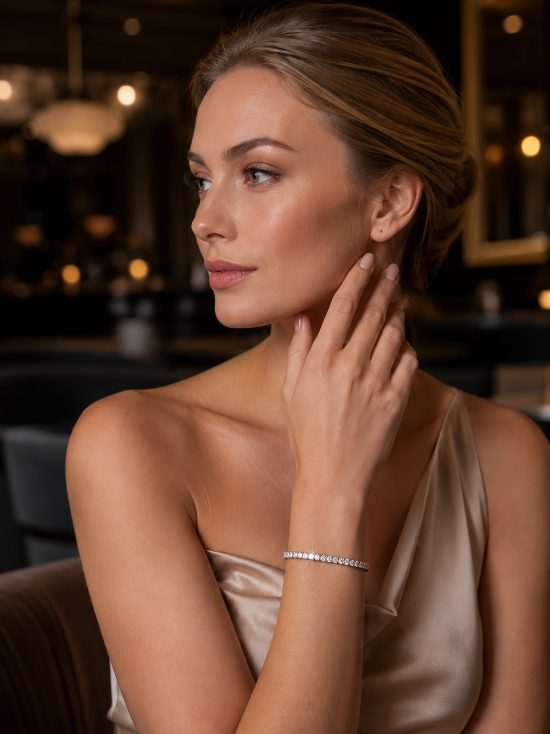 A woman in a champagne satin dress wearing a 5ct Adjustable Moissanite Tennis Bracelet Sterling Silver