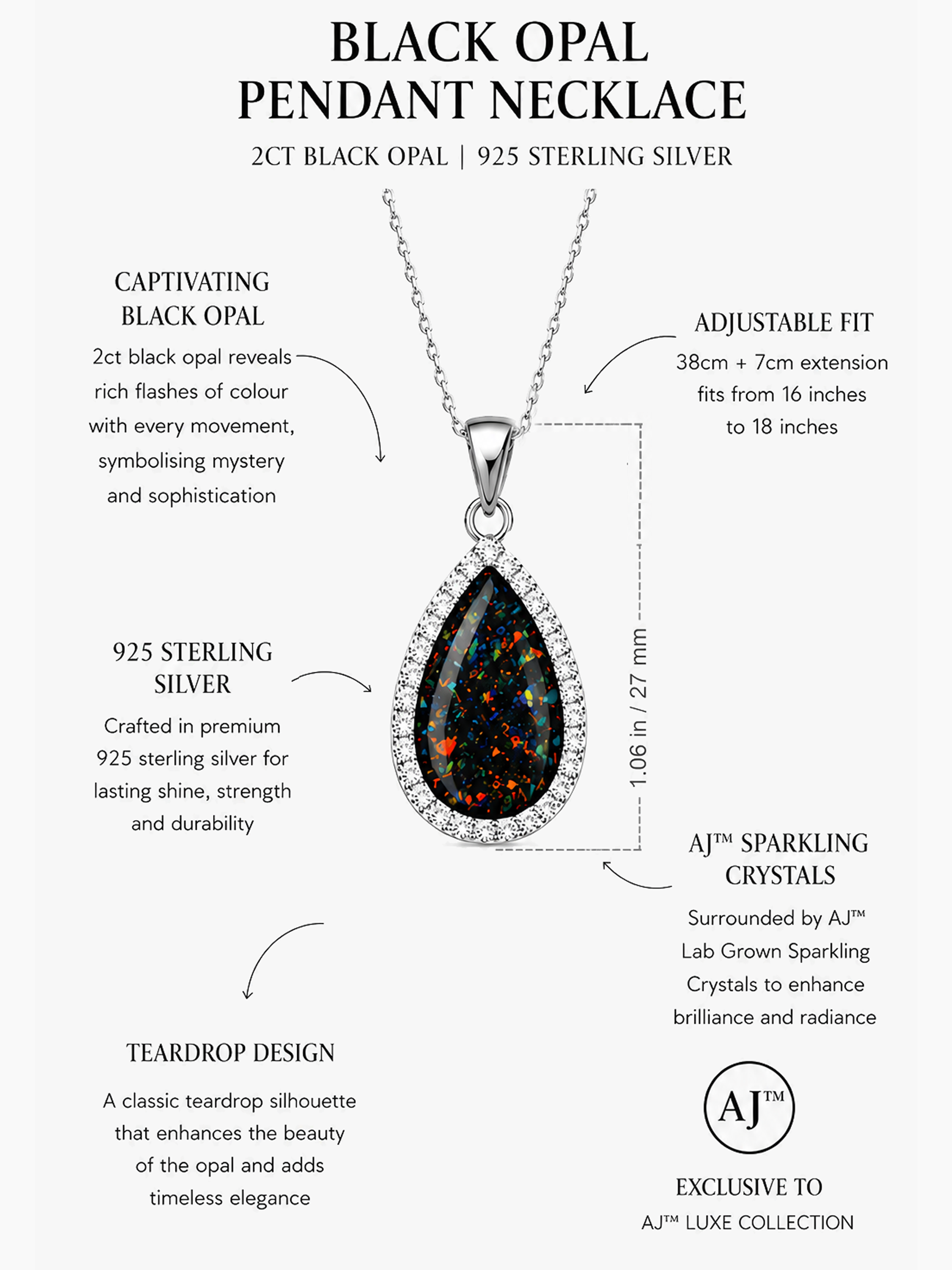 2Ct Black Opal Pendant Necklace