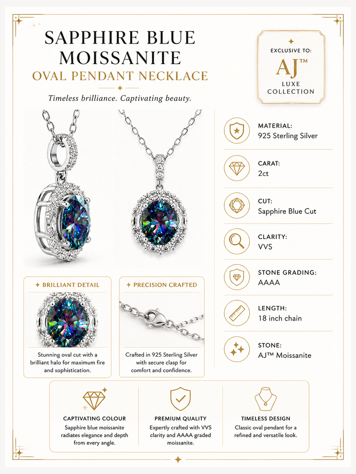 2Ct Rainbow Blue Sapphire Moissanite Oval Halo Pendant Necklace info