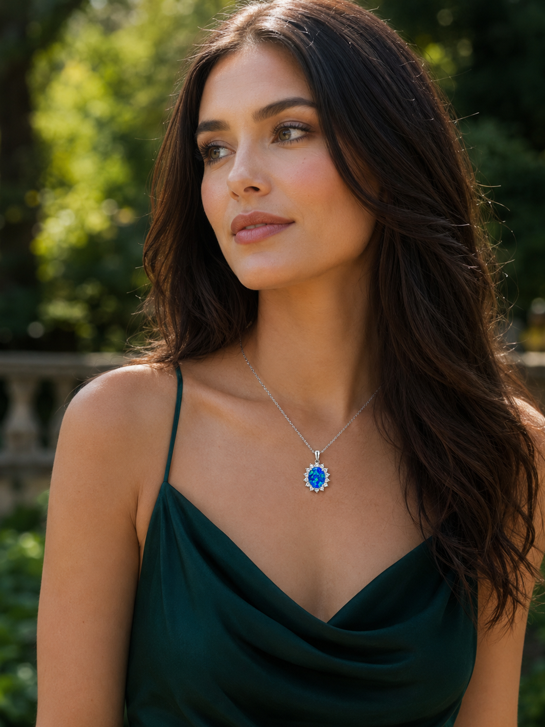 Woman wearing a 2Ct Blue Opal Oval Pendant Necklace