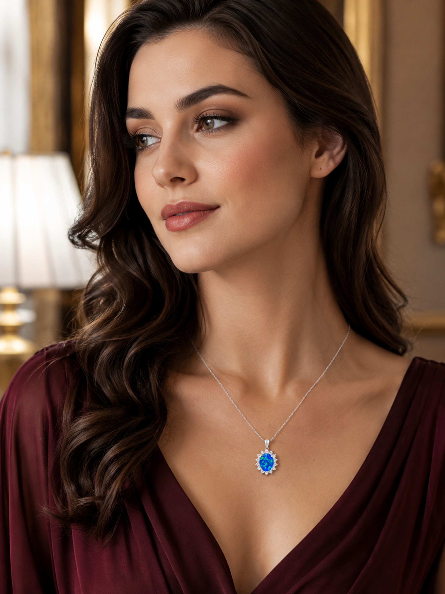 Woman wearing a 2Ct Blue Opal Oval Pendant Necklace
