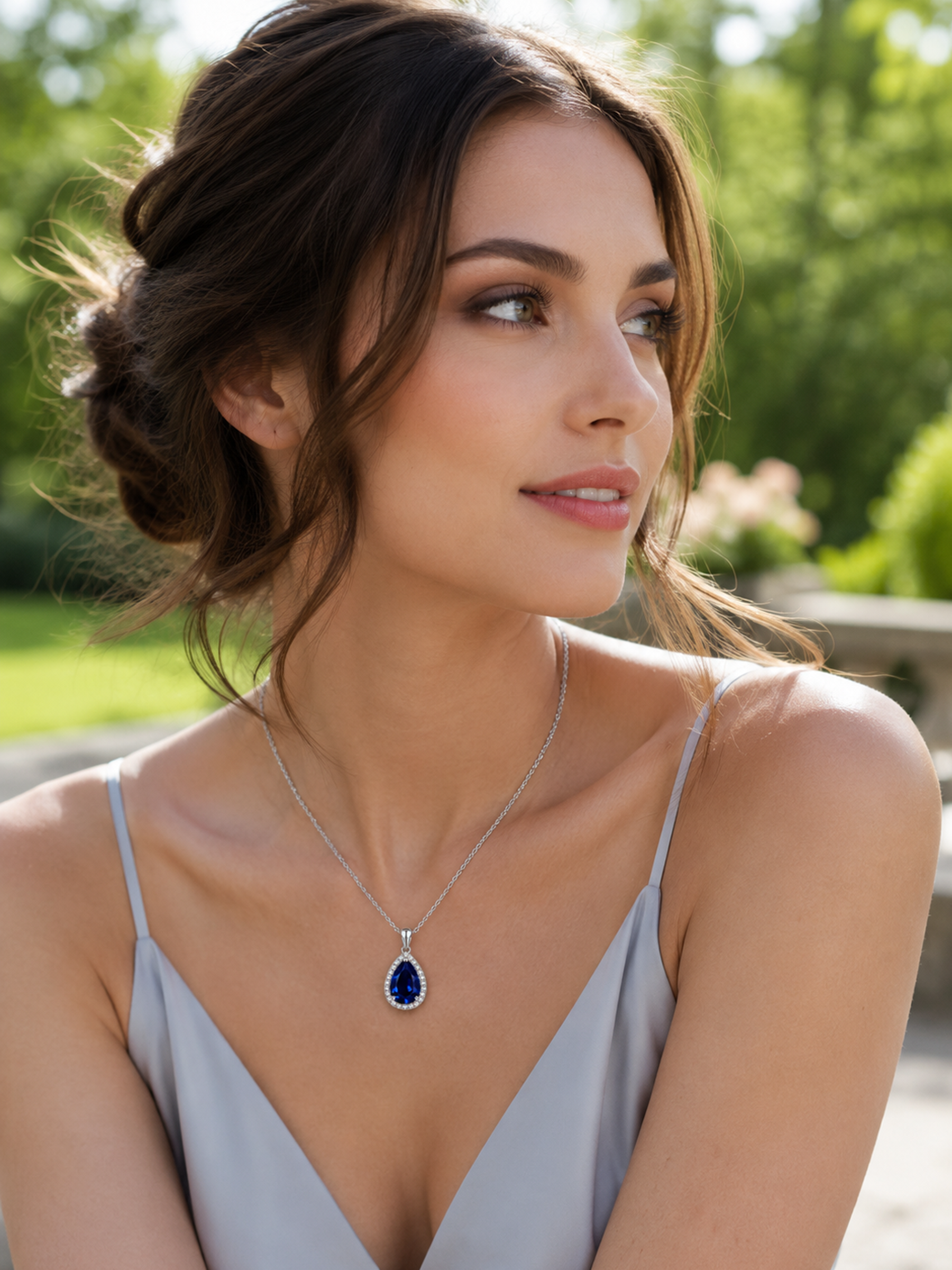 Woman wearing 1Ct Lab Grown Blue Sapphire Pear Drop Necklace